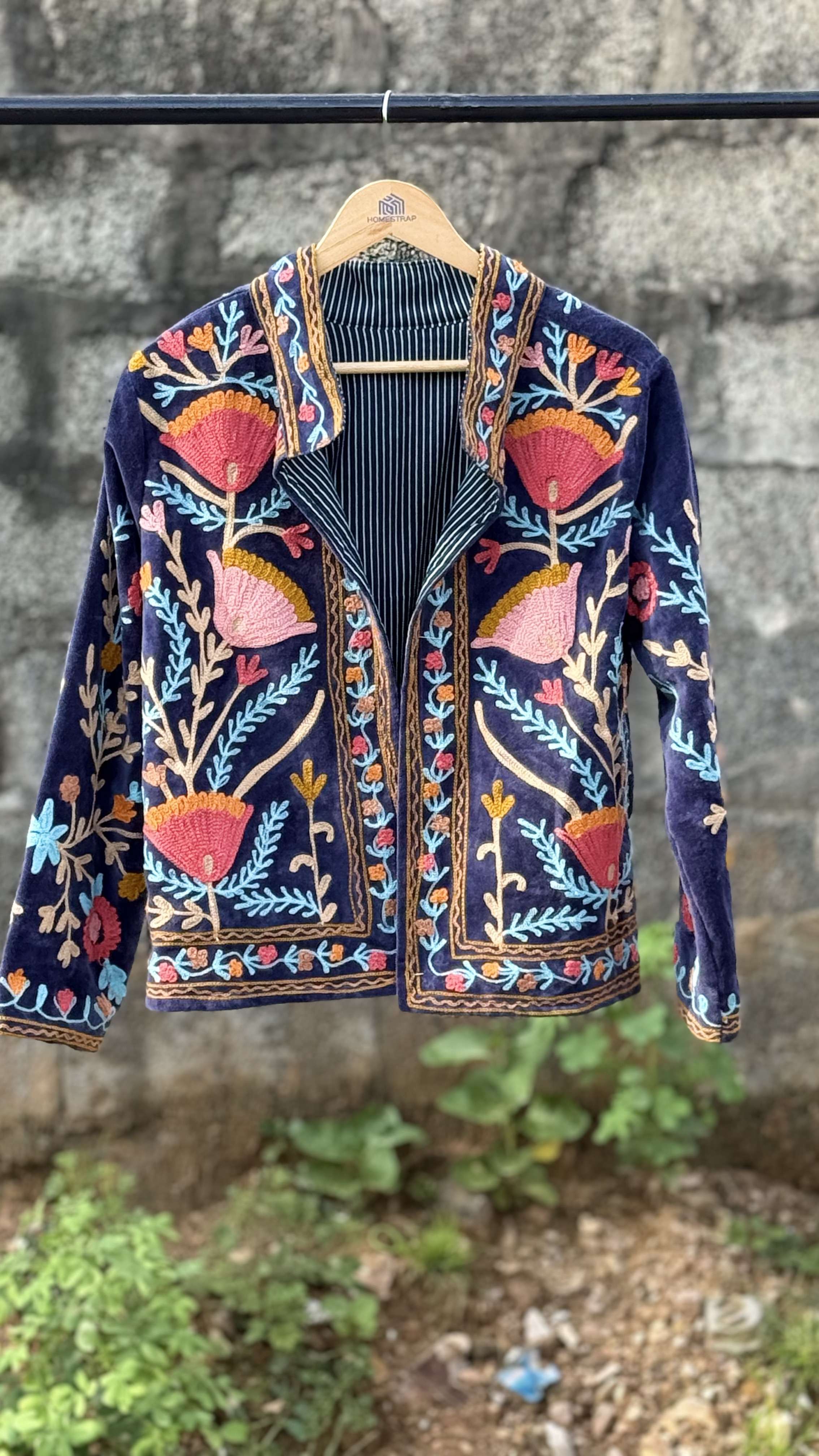 Womens Navy Blue Velvet Embroidered Jacket with Floral Design