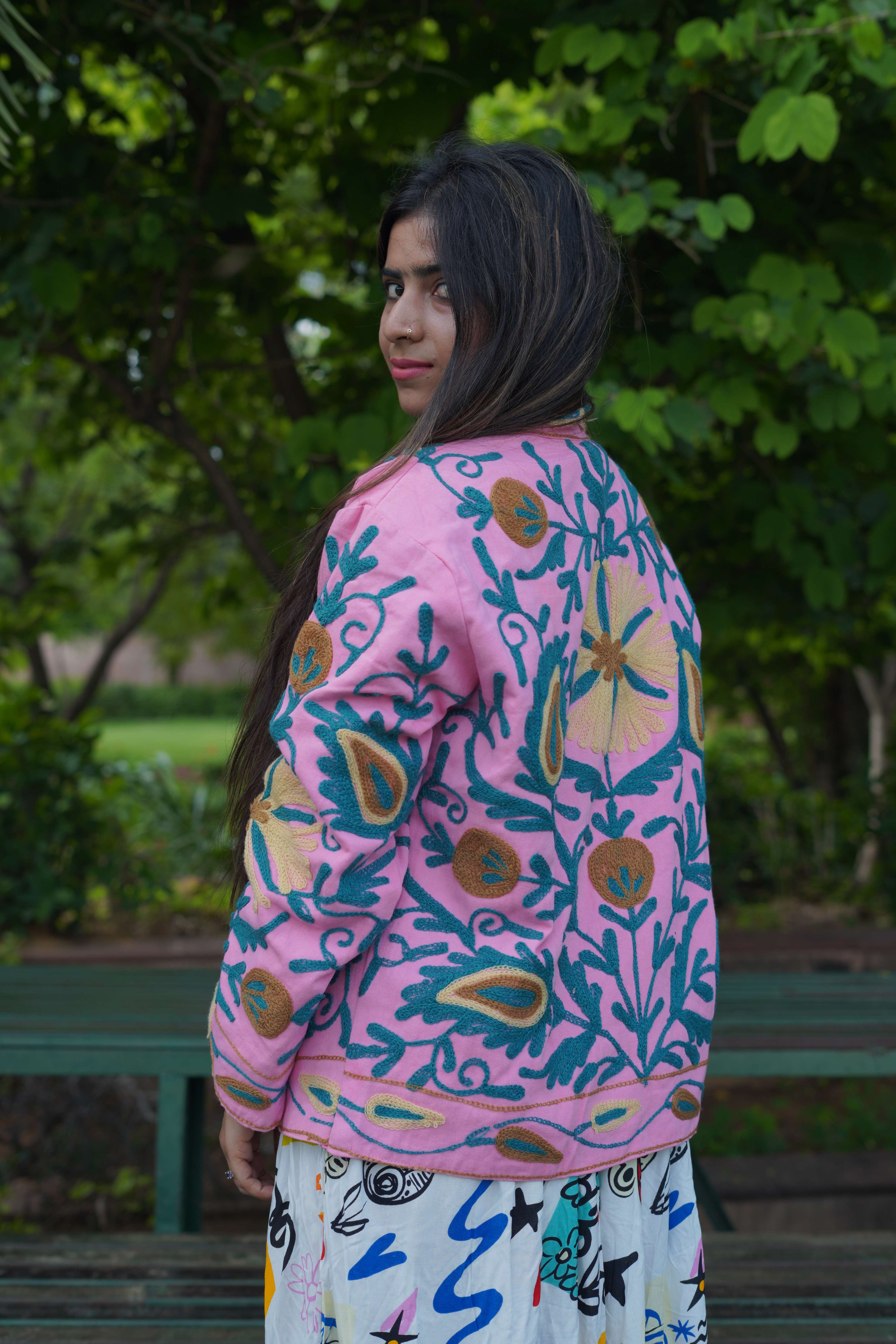 Womens Pink Velvet Embroidered Jacket with Floral Design