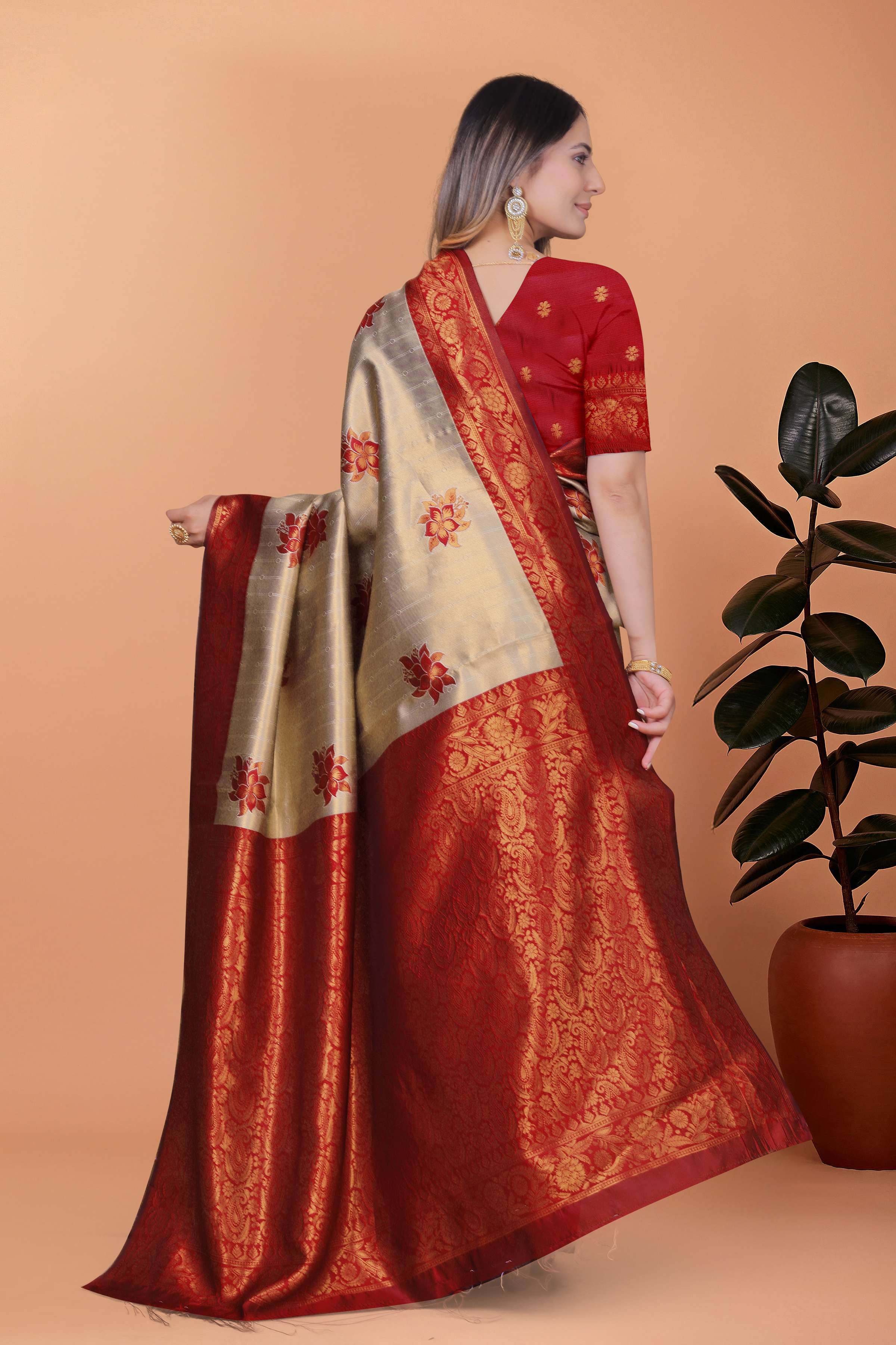 Royal Radiance Antique Gold & Maroon Banarasi Silk Saree with Zari Work | Wedding, Puja & Festive Occasion Wear