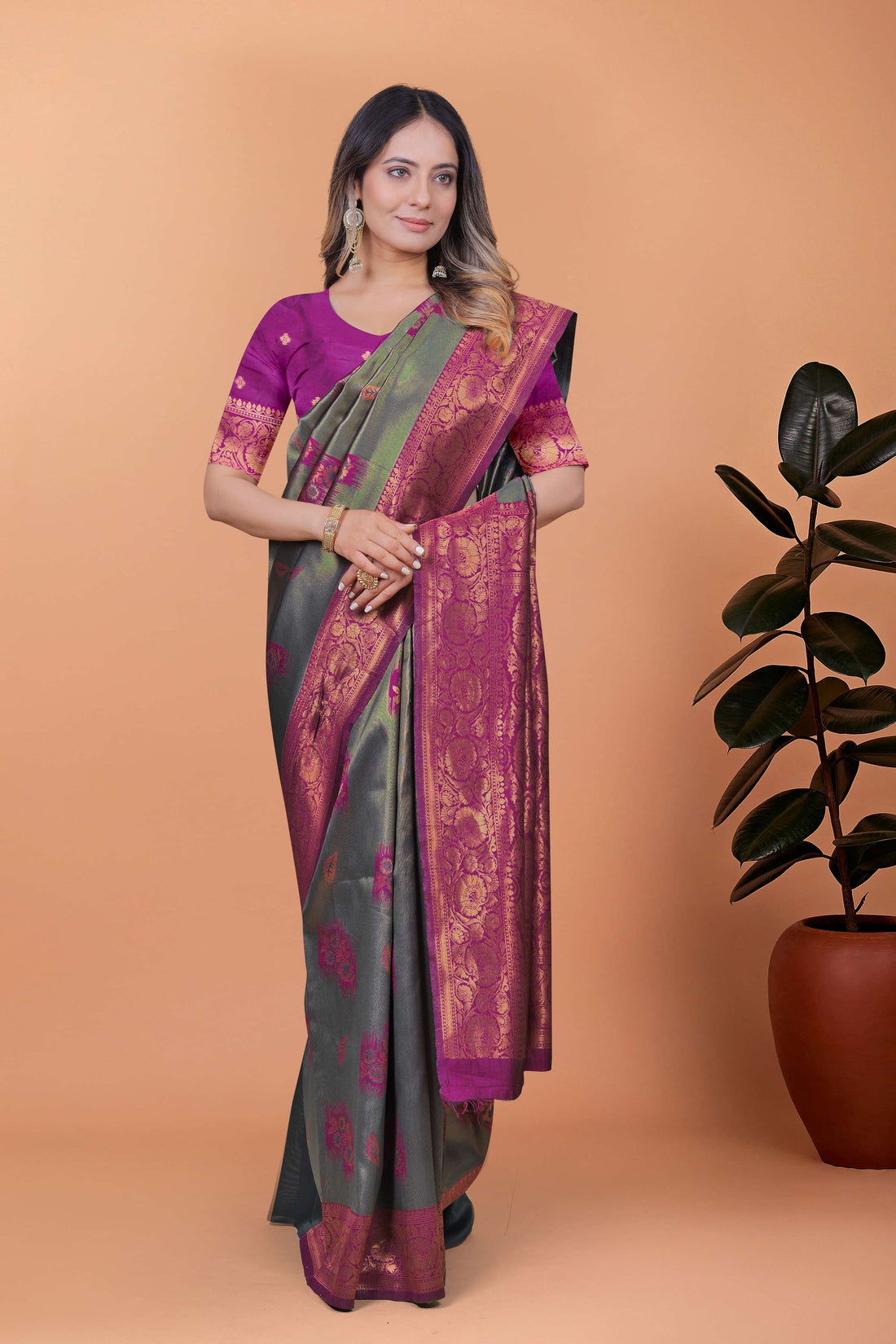 Graceful Grey-Green Banarasi Silk Saree with Magenta Zari Border & Blouse | Wedding, Festival & Party Wear