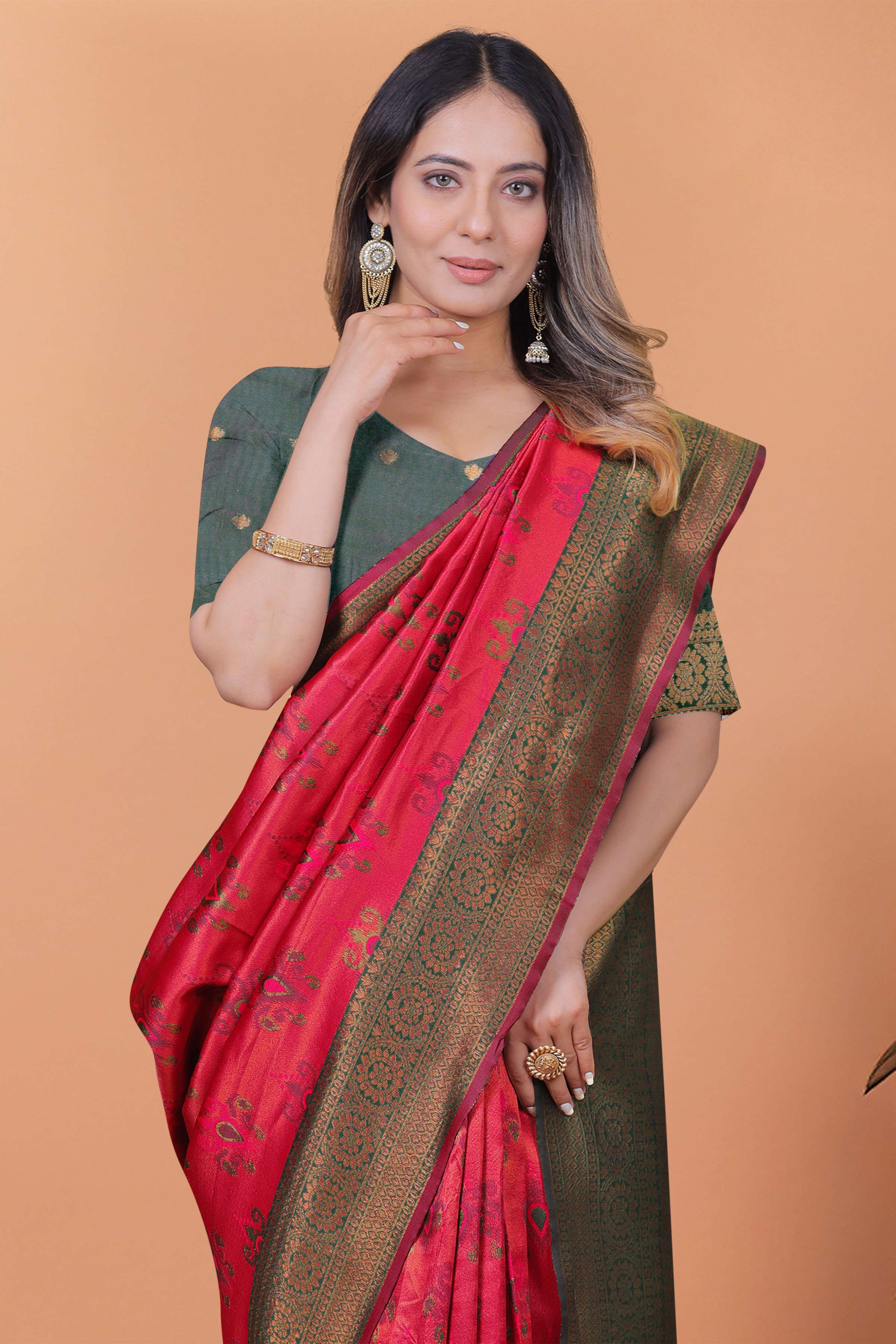Crimson Majesty Banarasi Silk Saree in Cherry Red & Bottle Green with Zari Work | Wedding, Festive & Traditional Ethnic Wear
