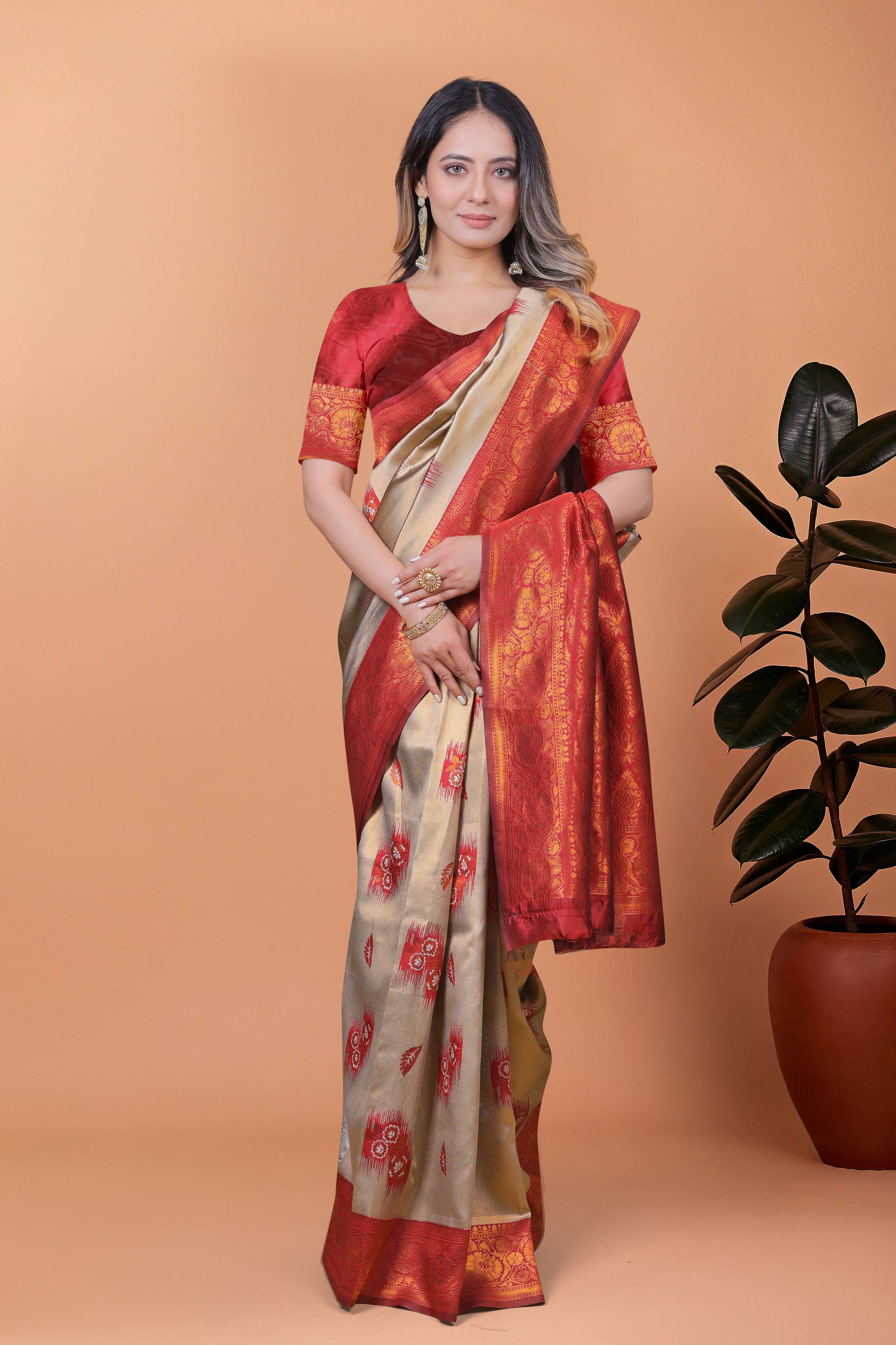 Elegant Beige-Gold Banarasi Silk Saree with Rust-Red Zari Border & Blouse | Wedding, Festival & Party Ethnic Wear