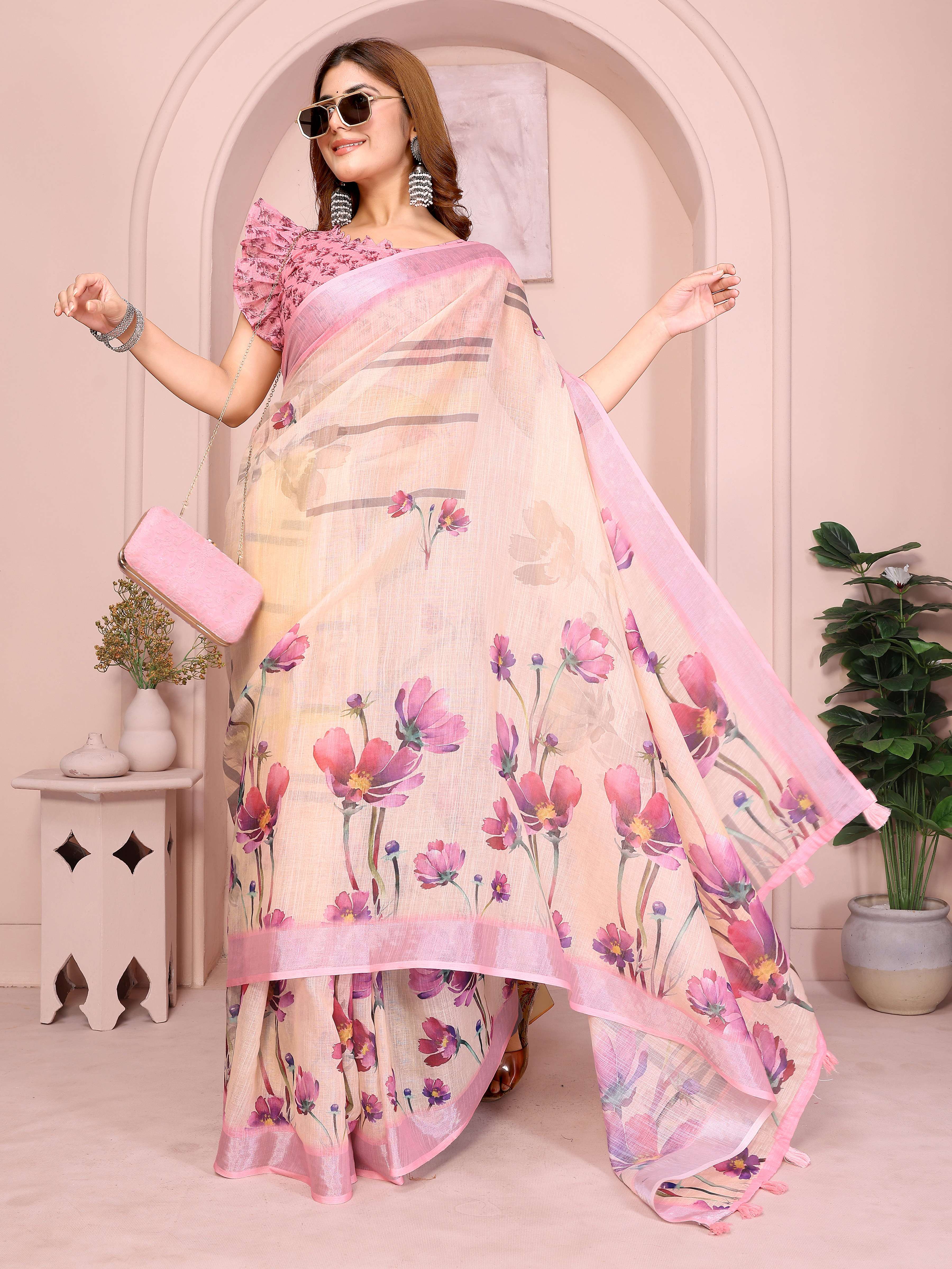 Elegant Linen Cotton Saree – Beige Blooming Floral Print with Soft Pink Border