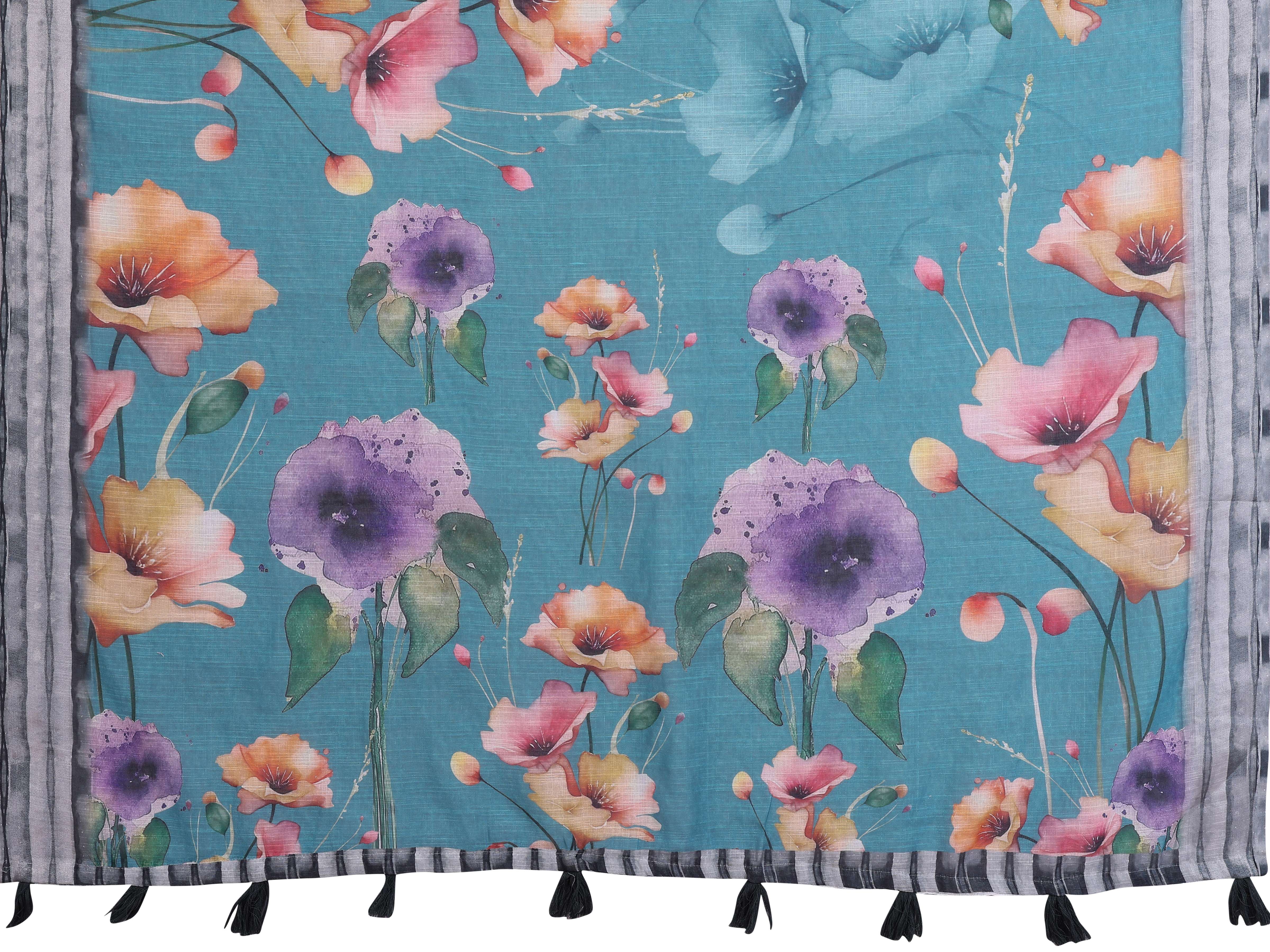 Teal Linen Cotton Saree with Vibrant Multicolor Floral Prints & Tassel Pallu