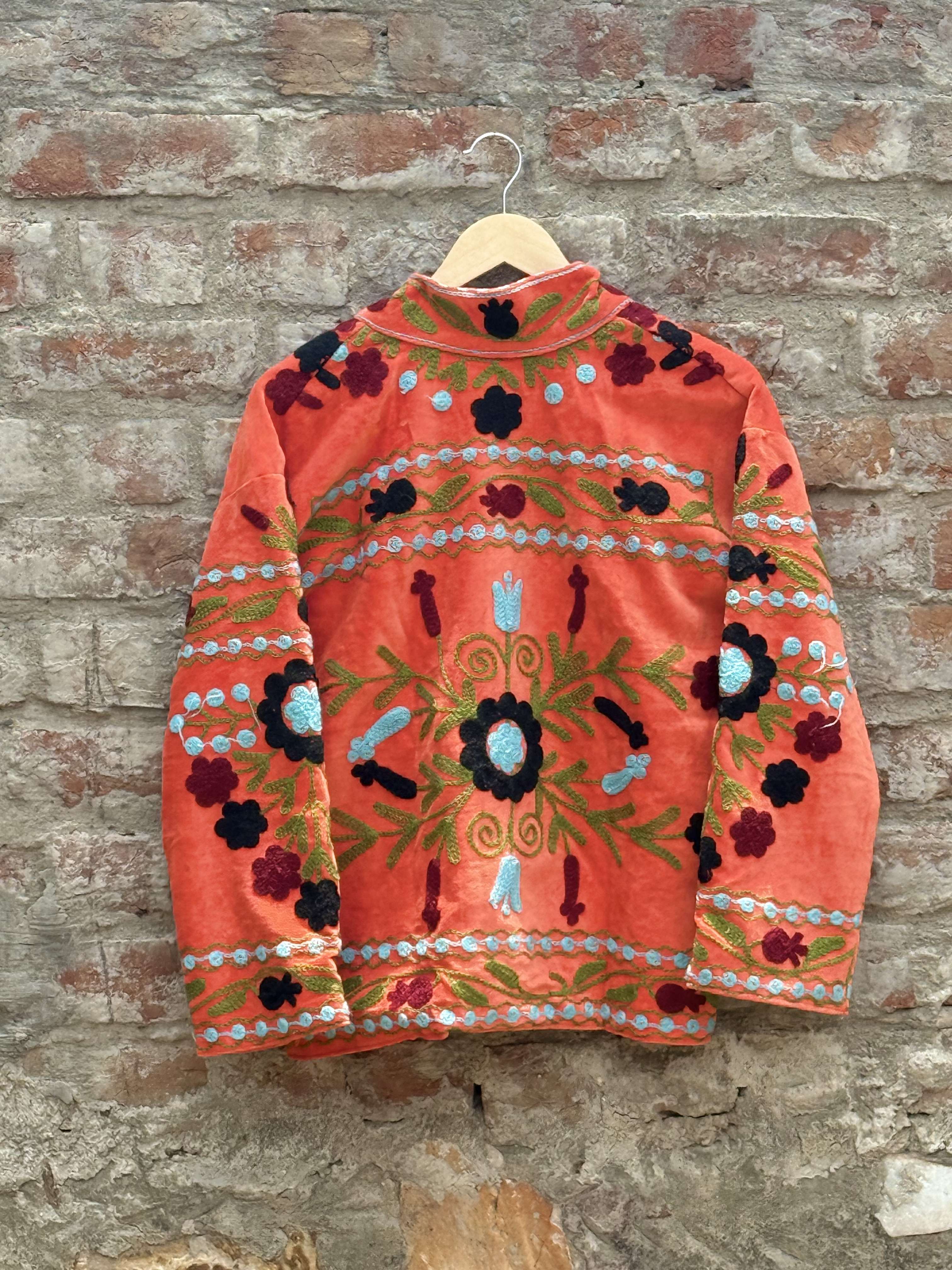 Womens Orange Velvet Embroidered Jacket with Floral Design