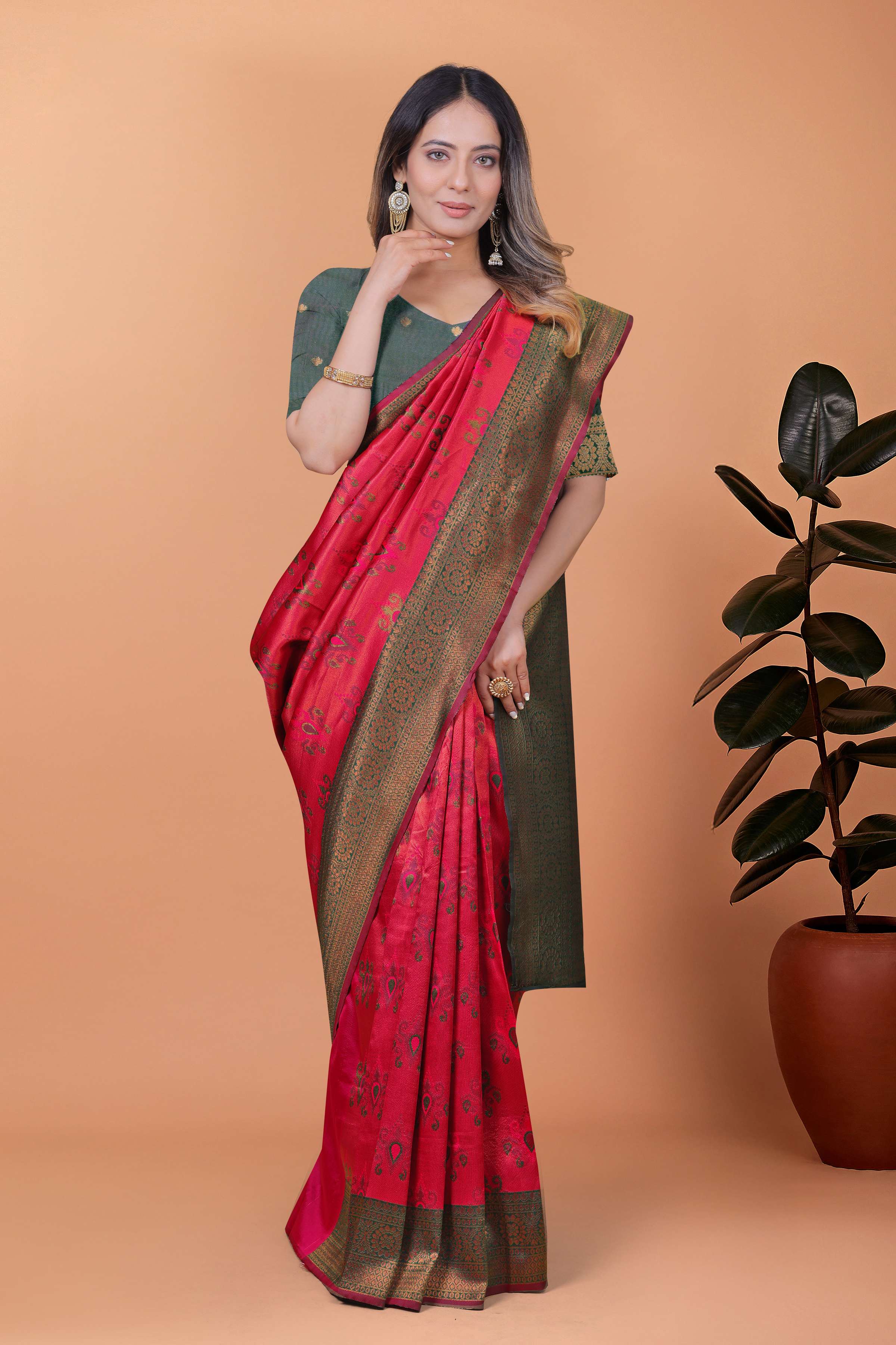 Crimson Majesty Banarasi Silk Saree in Cherry Red & Bottle Green with Zari Work | Wedding, Festive & Traditional Ethnic Wear