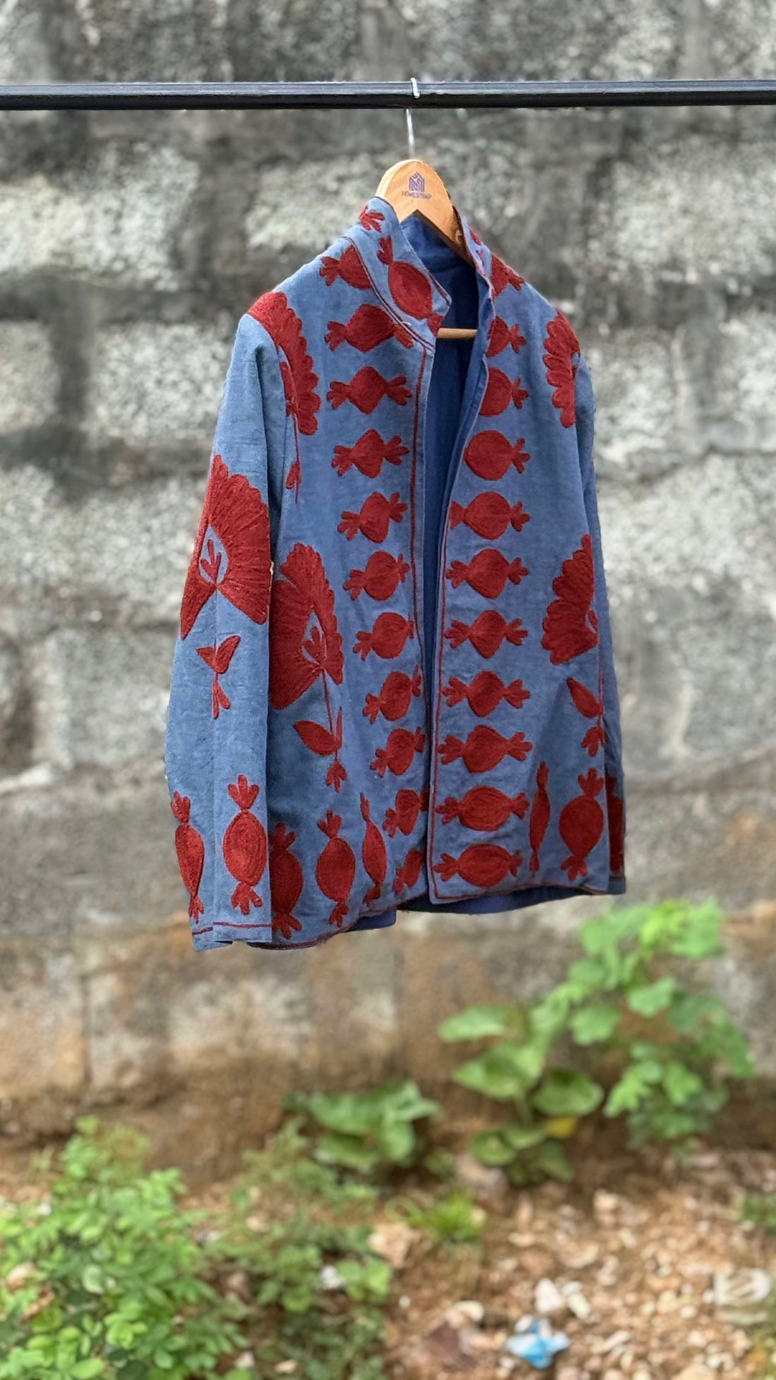 Womens Light Blue Velvet Embroidered Jacket with Floral Design