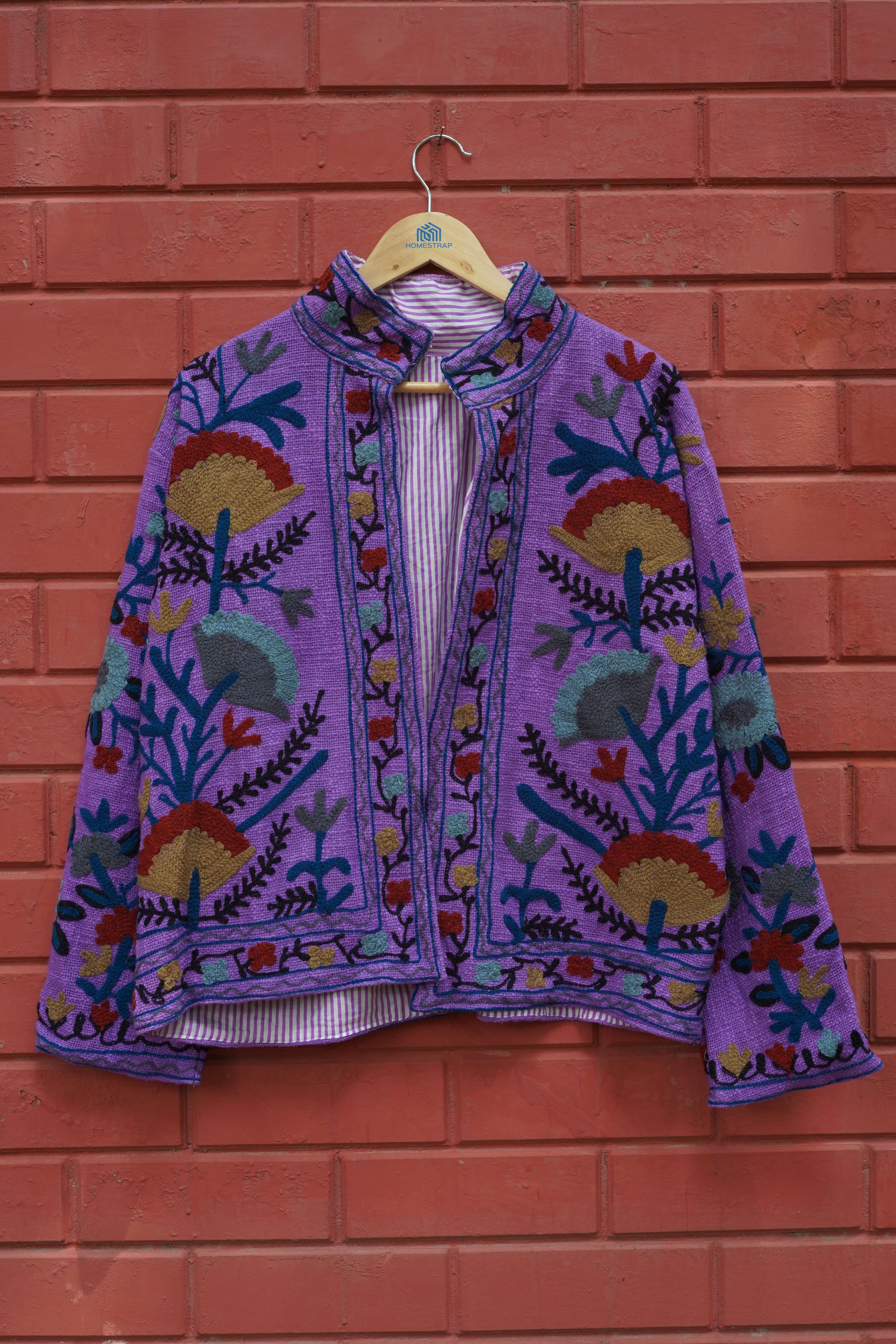 Womens Dark Purple Velvet Embroidered Jacket with Floral Design