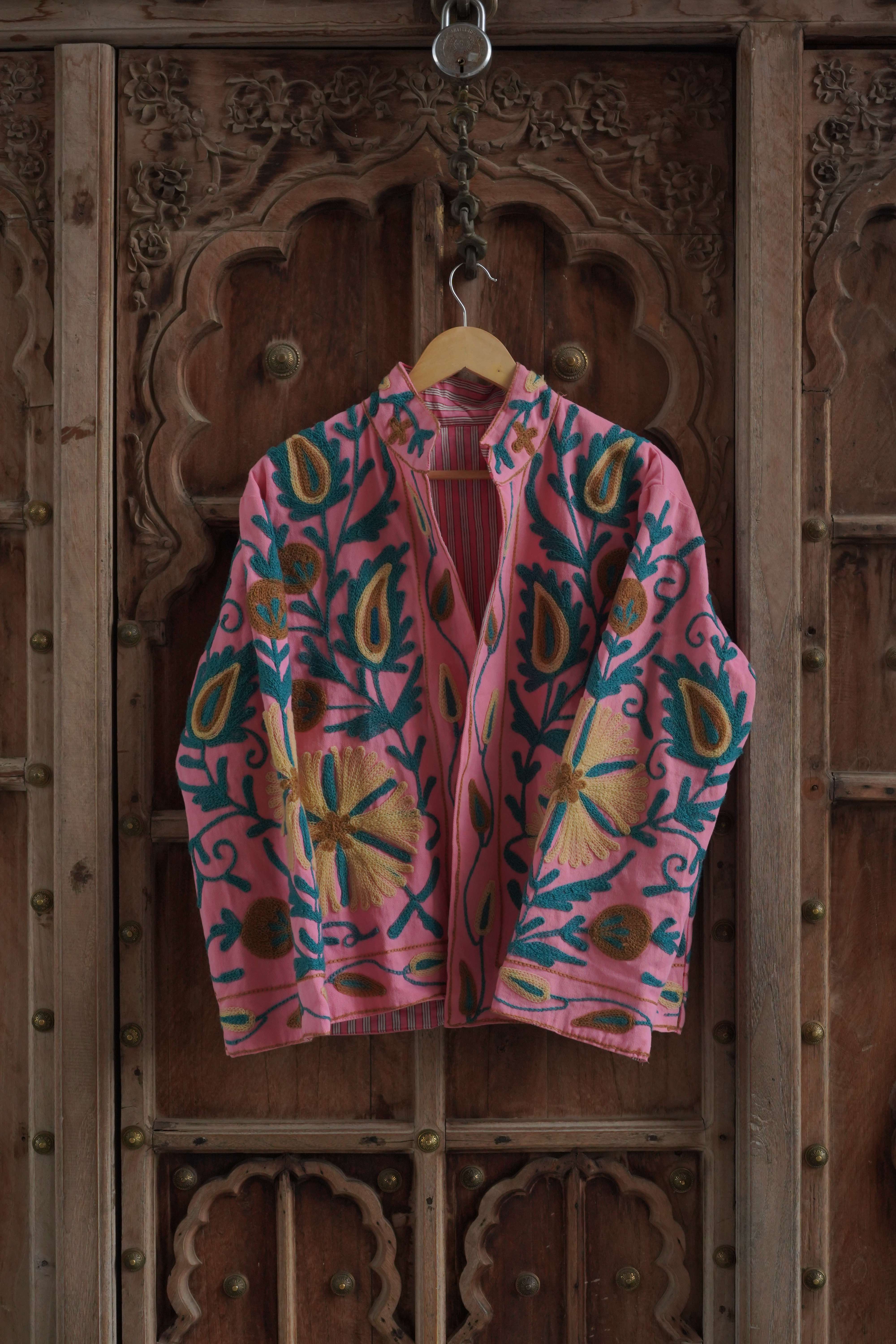 Womens Pink Velvet Embroidered Jacket with Floral Design
