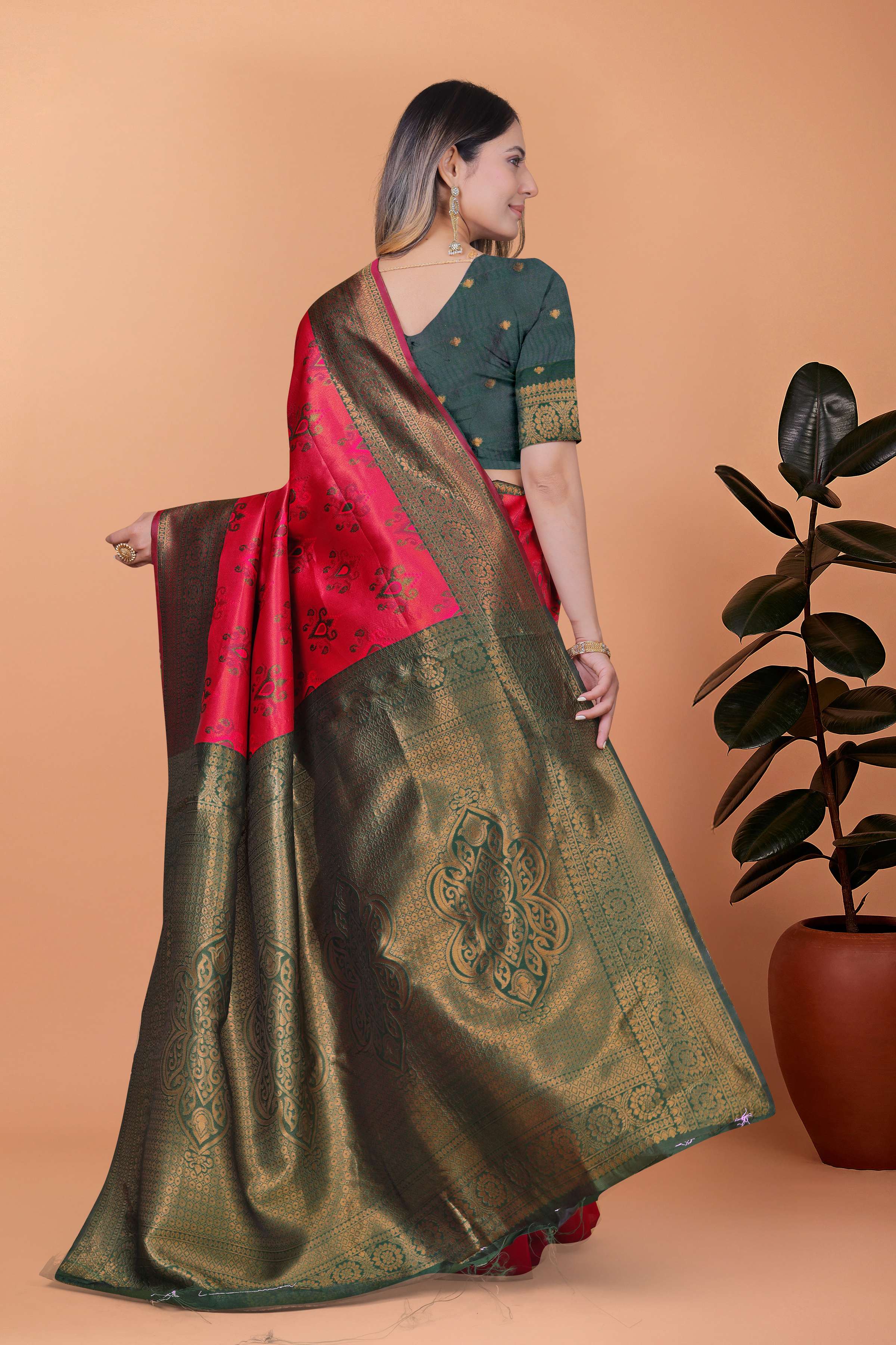 Crimson Majesty Banarasi Silk Saree in Cherry Red & Bottle Green with Zari Work | Wedding, Festive & Traditional Ethnic Wear