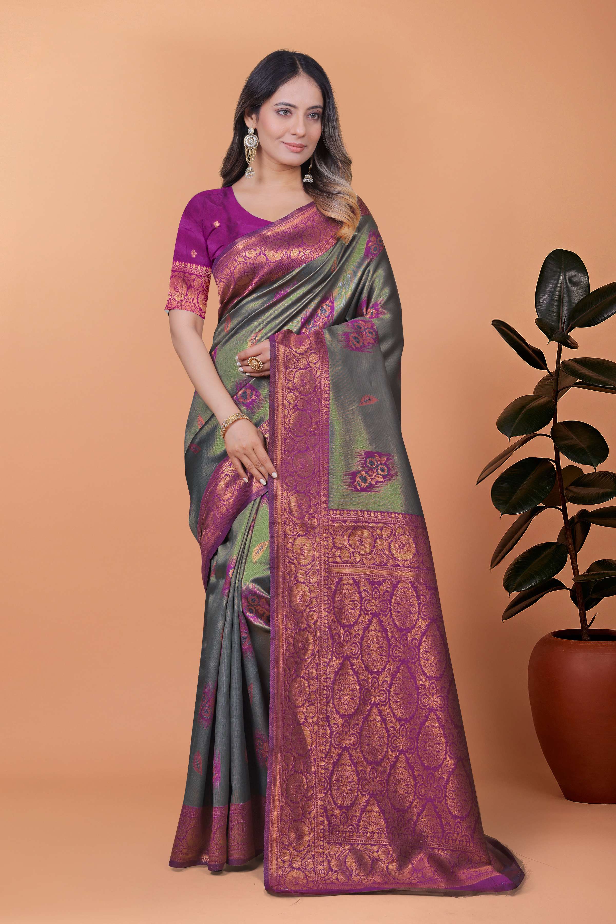 Graceful Grey-Green Banarasi Silk Saree with Magenta Zari Border & Blouse | Wedding, Festival & Party Wear