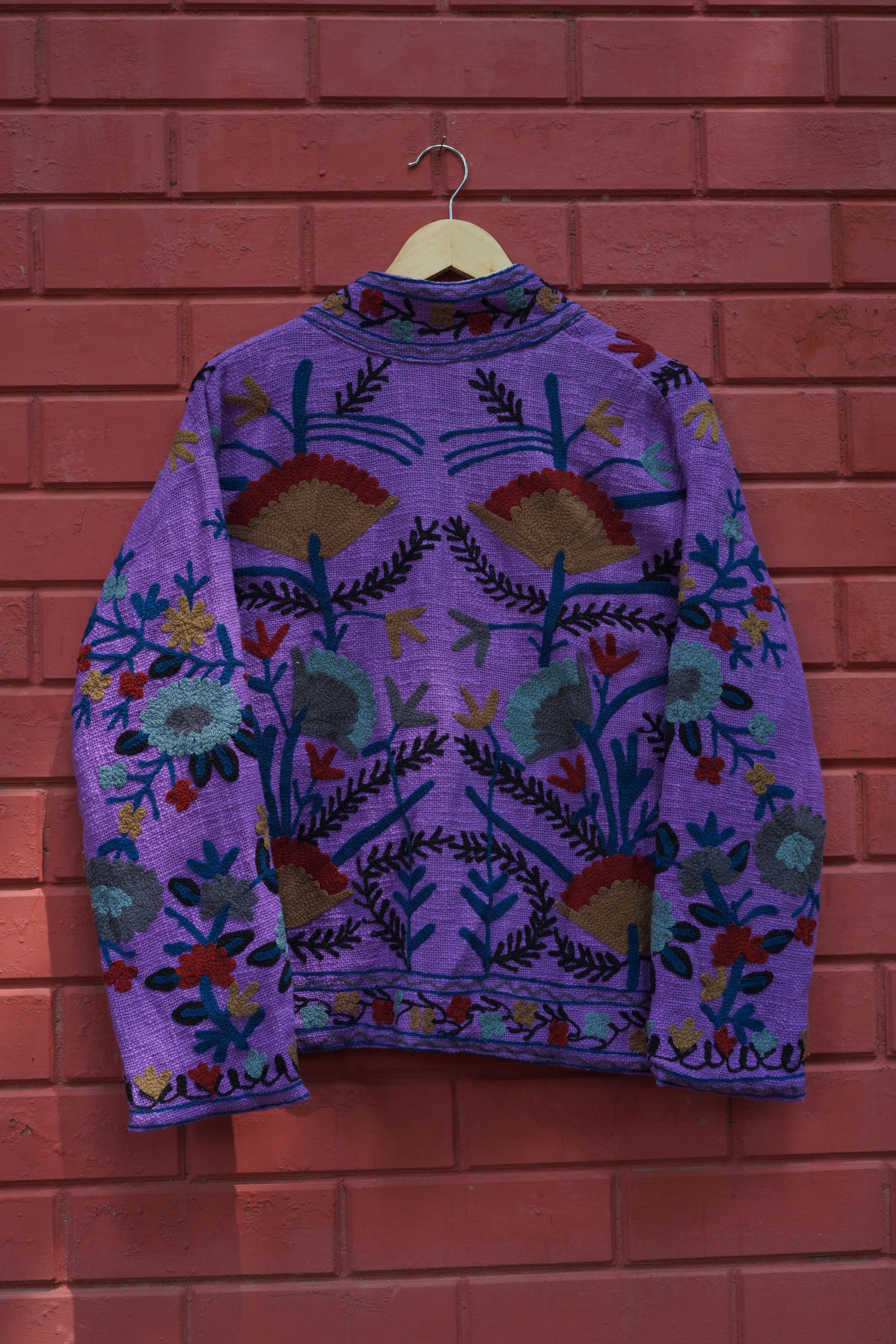 Womens Dark Purple Velvet Embroidered Jacket with Floral Design