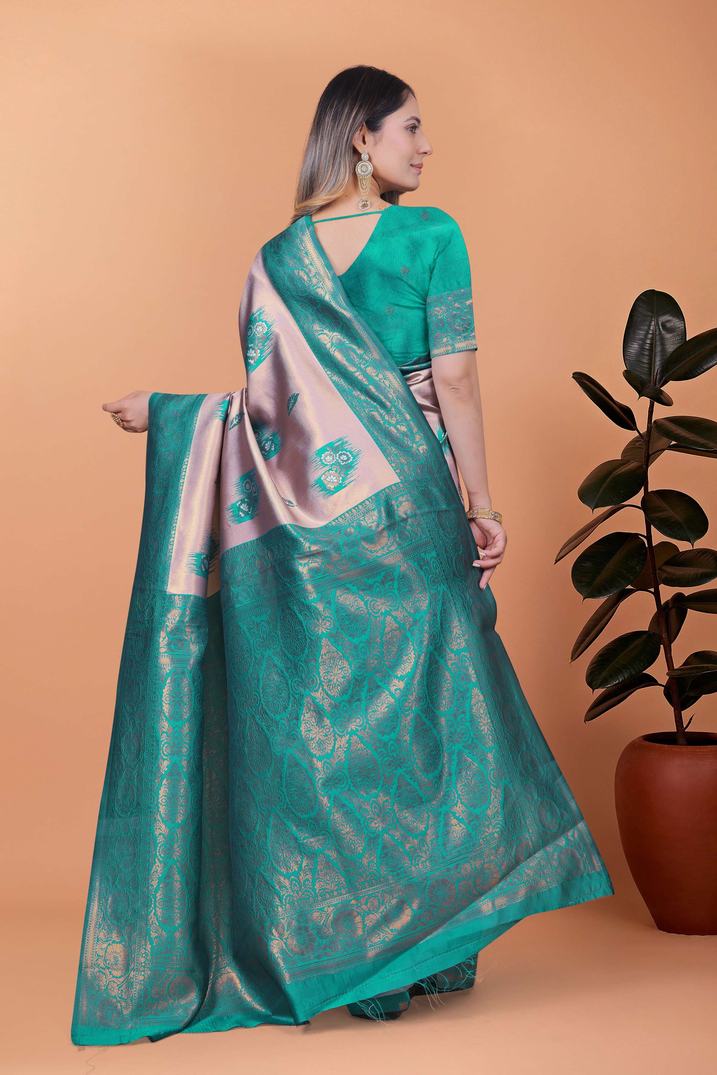 Light Lavender & Teal Green Banarasi Silk Saree with Antique Gold Zari | Wedding, Festival & Traditional Ethnic Wear