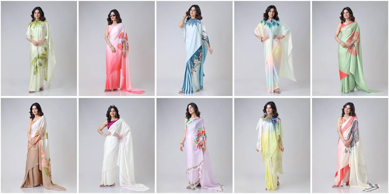 Trending Lilac Free Hand Kaftan Style Ready To Wear Saree