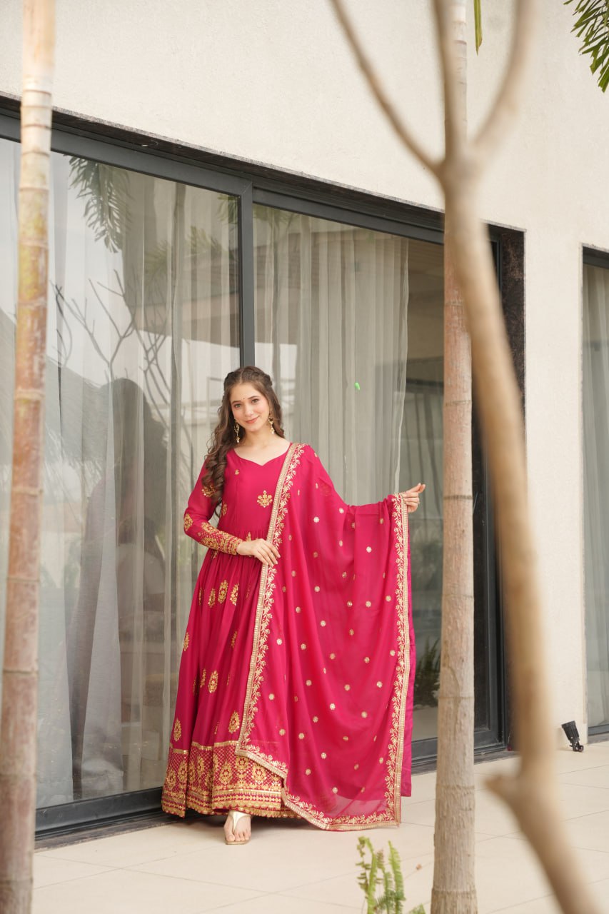 Women's Cotton Embroidered Anarkali Gown With Dupatta Set