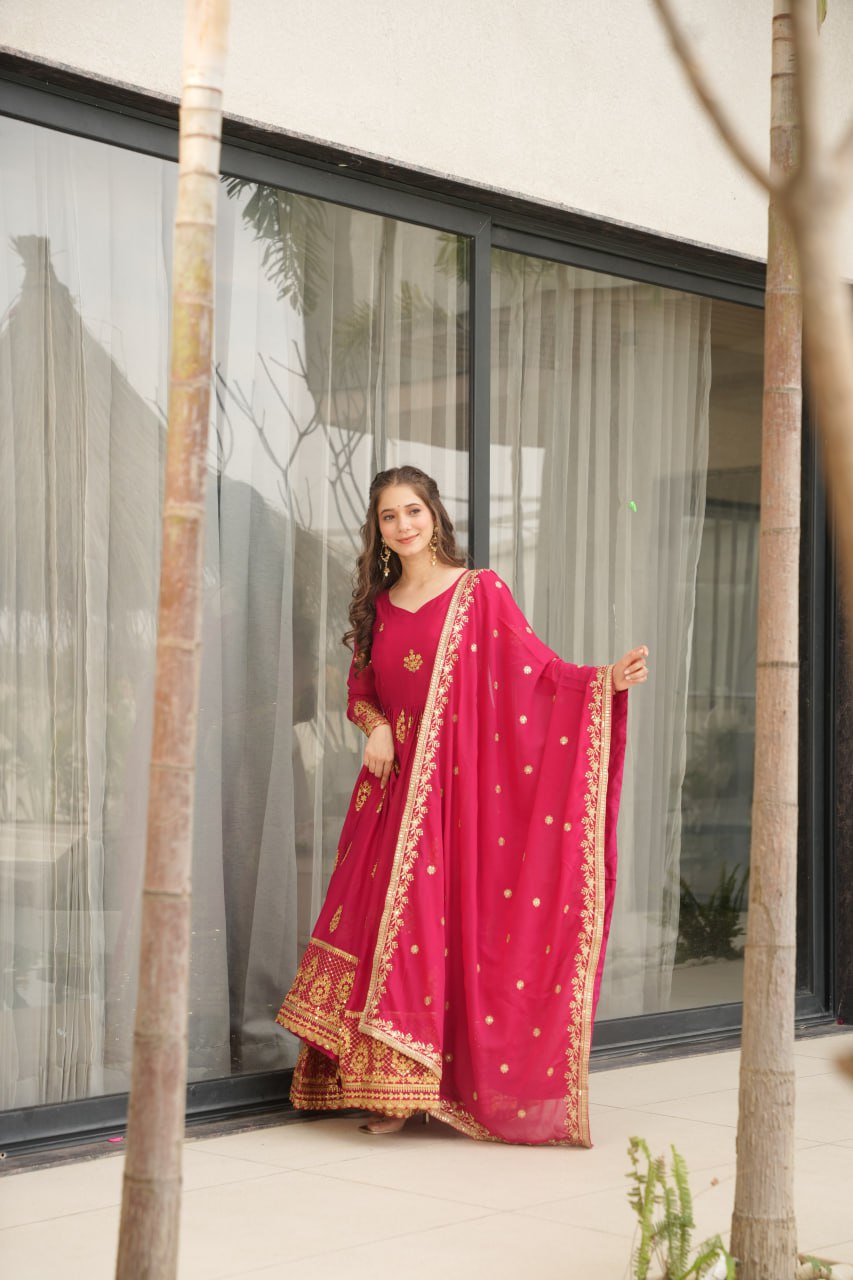 Women's Cotton Embroidered Anarkali Gown With Dupatta Set