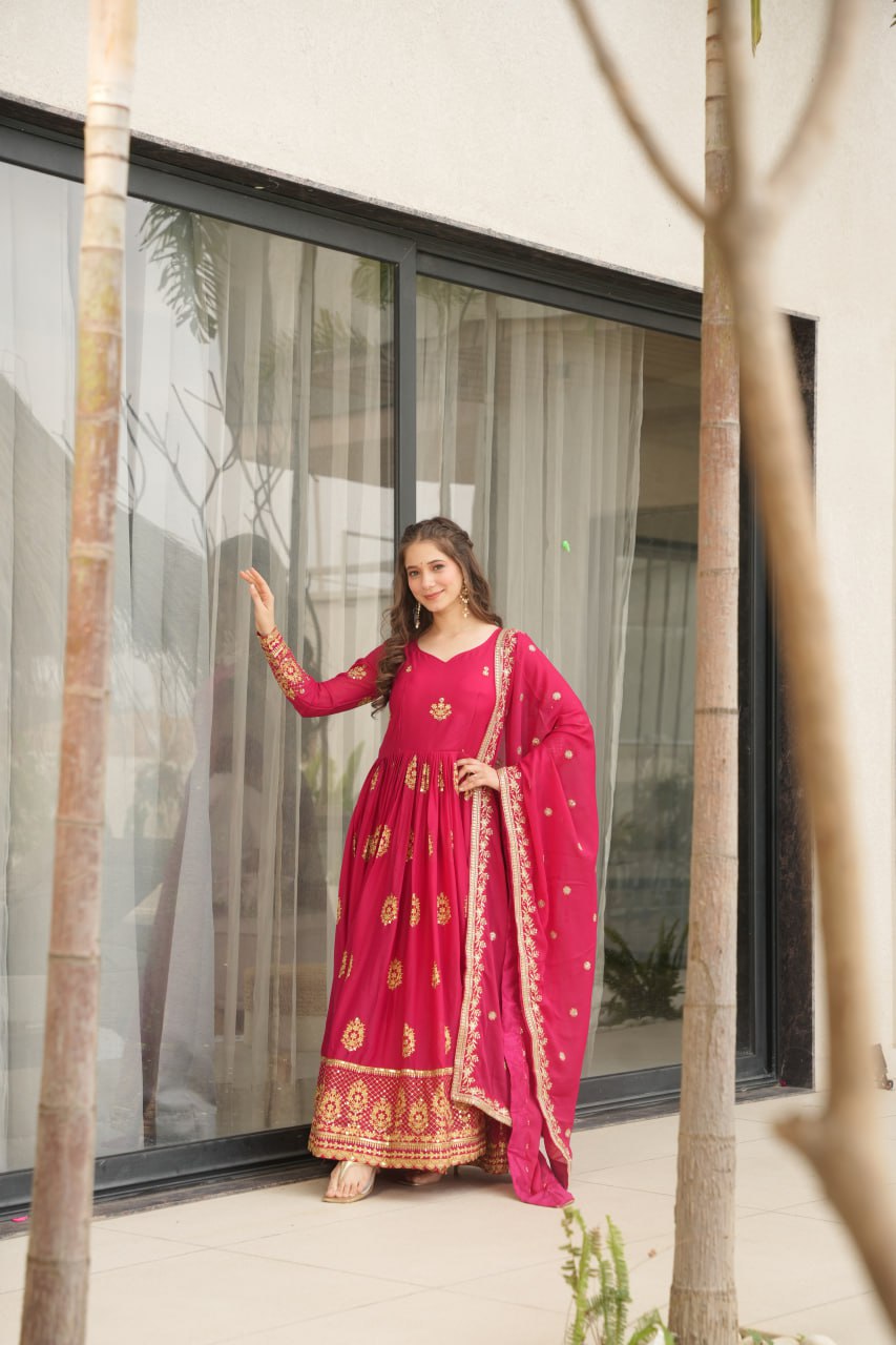 Women's Cotton Embroidered Anarkali Gown With Dupatta Set