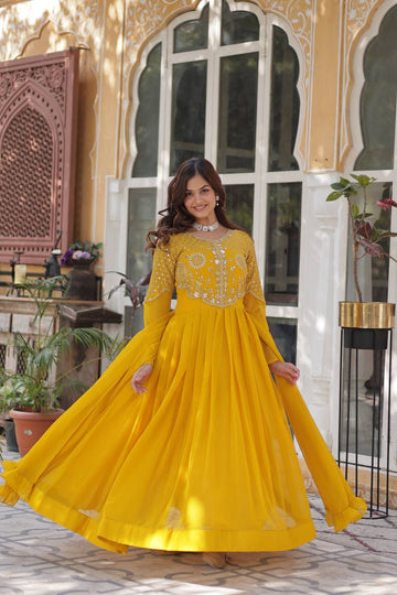 Elegant Faux Blooming Georgette Gown with Embroidered Work & Matching Dupatta