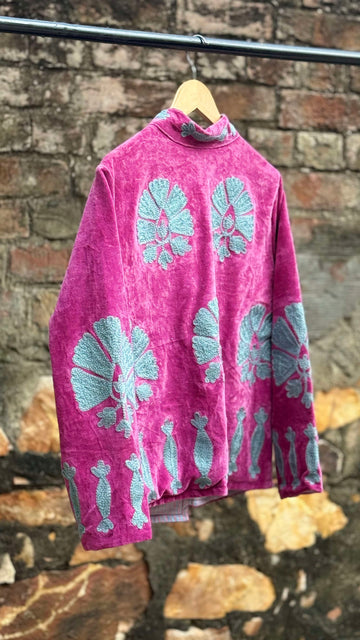 Womens Pink Velvet Embroidered Jacket with Floral Design