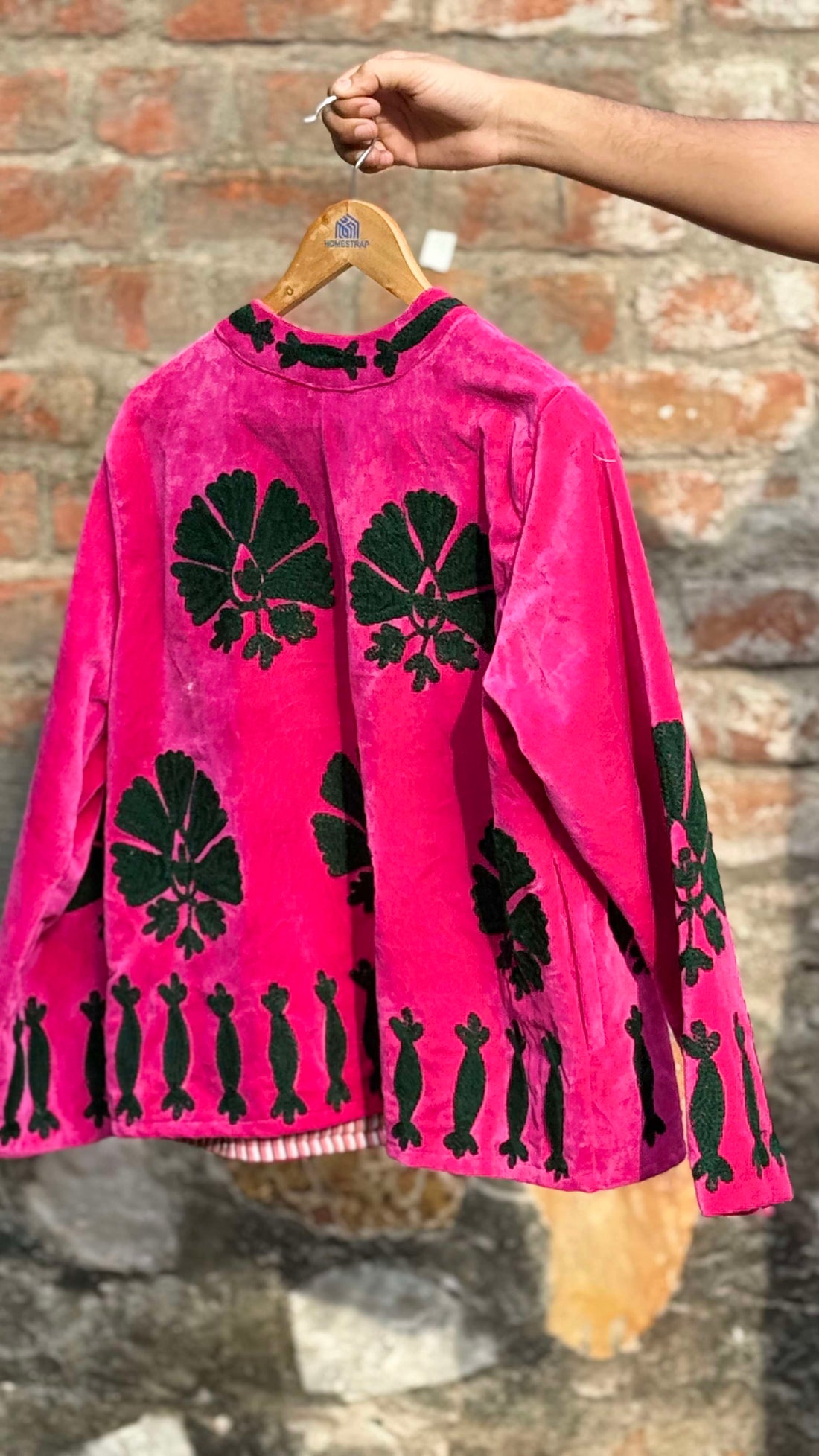 Womens Pink Velvet Embroidered Jacket with Floral Design