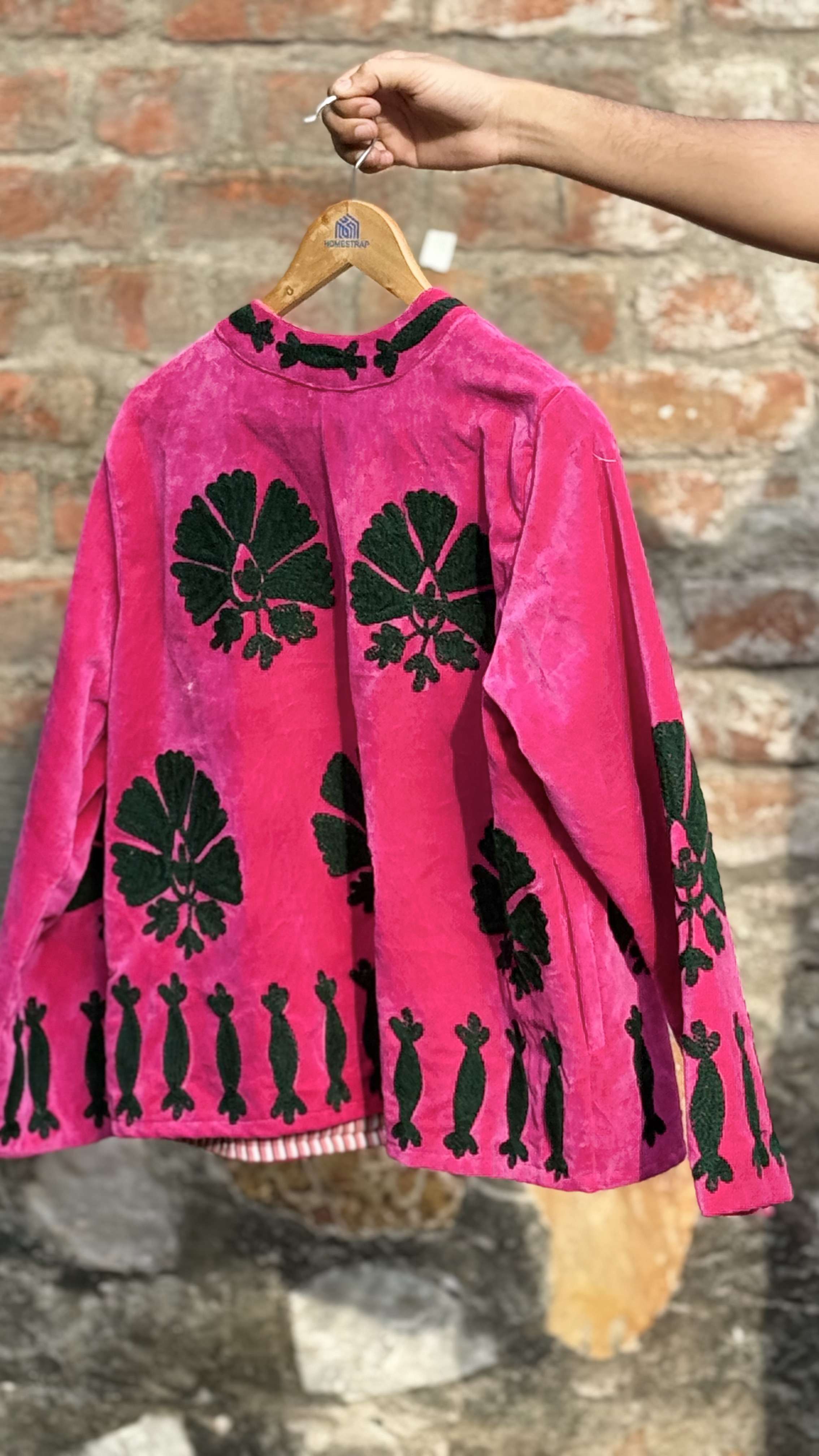 Womens Pink Velvet Embroidered Jacket with Floral Design