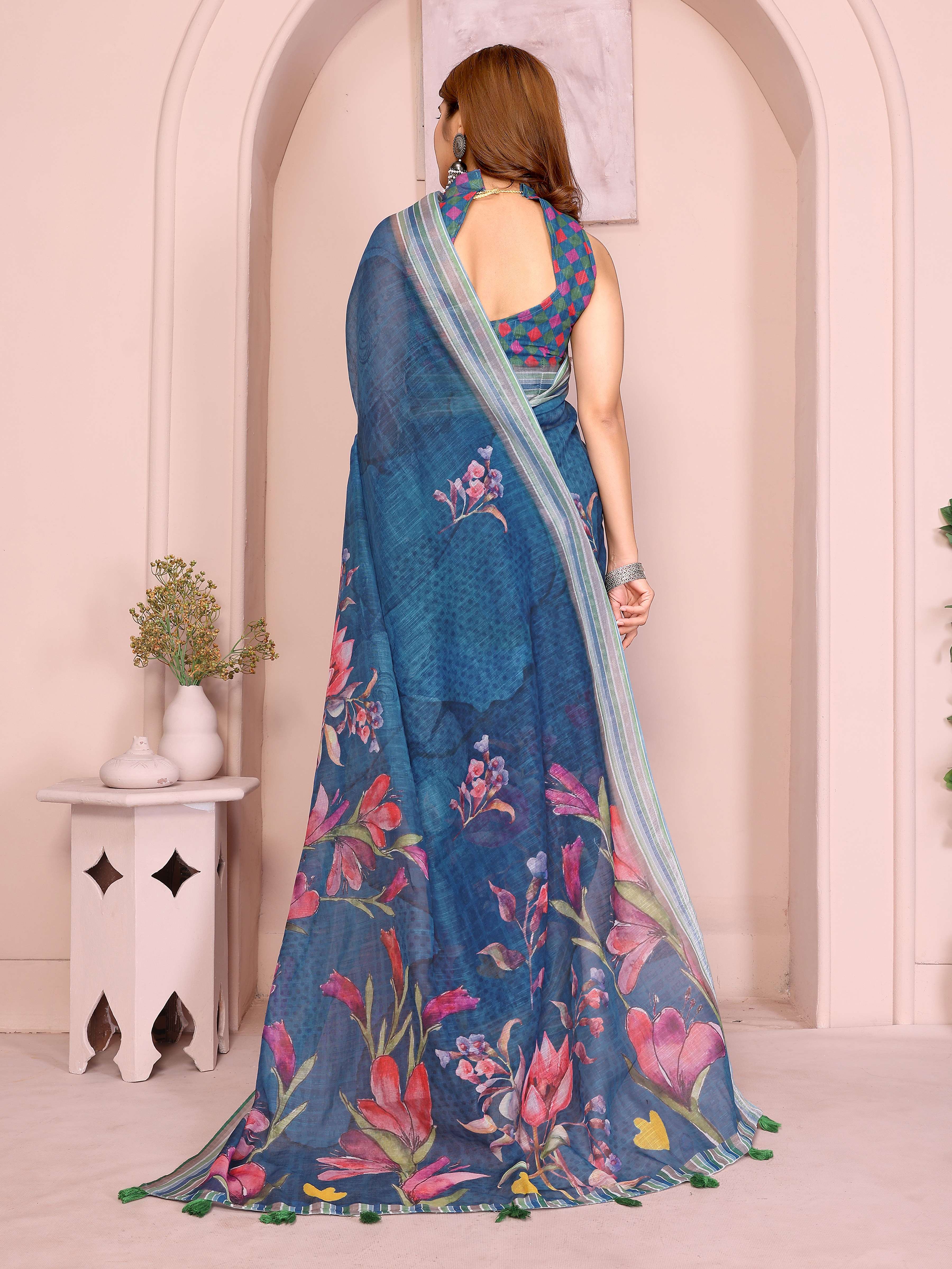 Elegant Linen Cotton Saree – Deep Teal with Vibrant Multicolor Floral Print & Striped Border