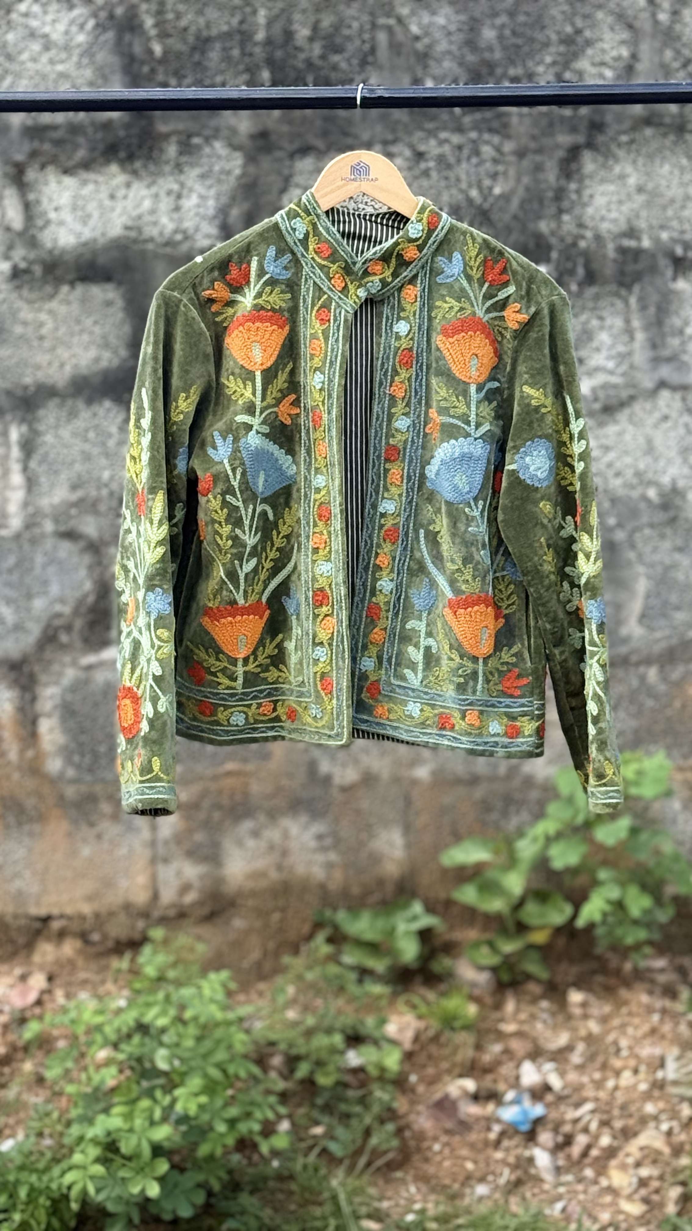Womens Olive Green Velvet Embroidered Jacket with Floral Design