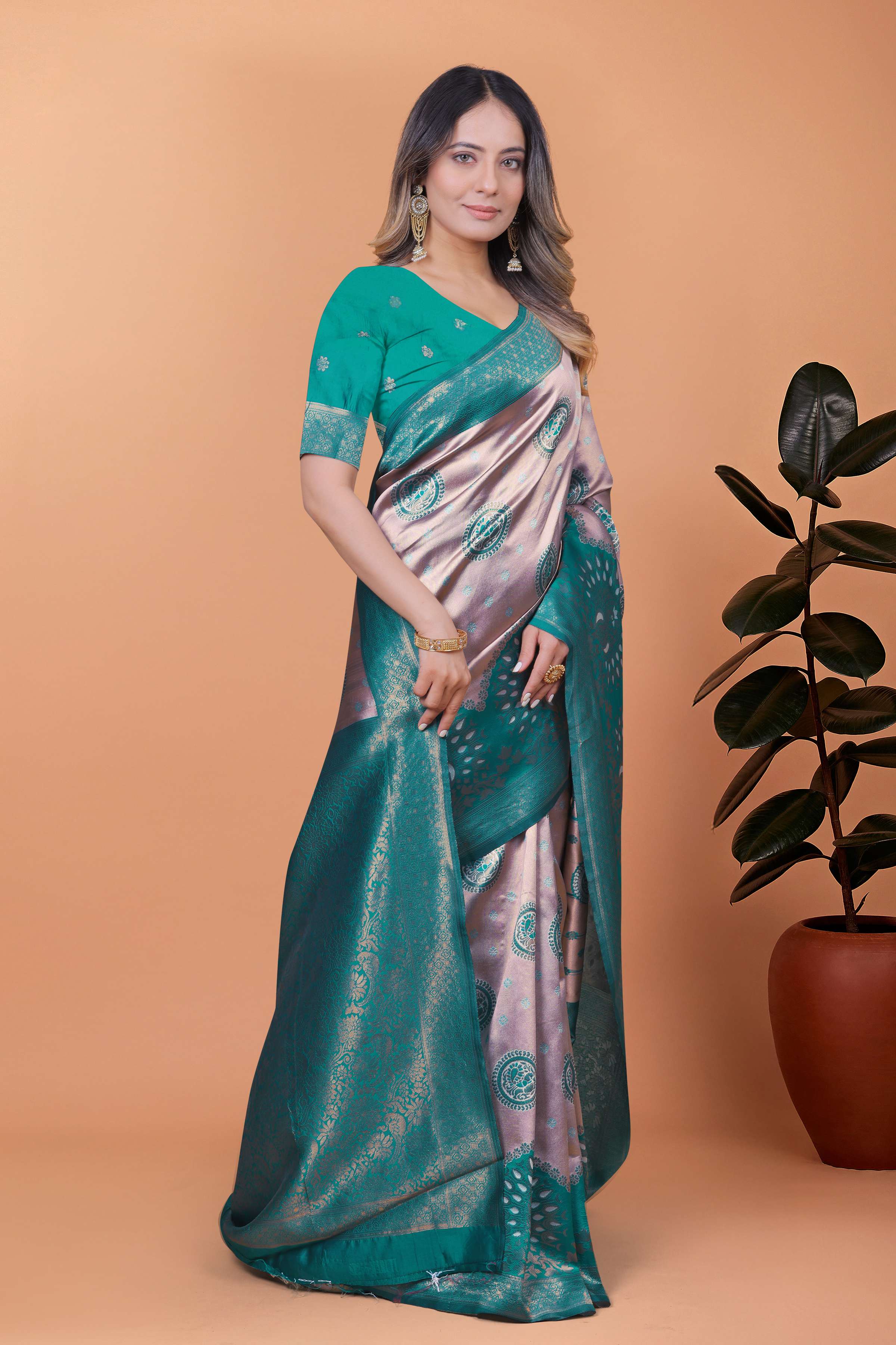 Emerald Elegance Banarasi Silk Saree with Lavender Base, Green Zari Border & Peacock Motifs | Wedding, Festive & Traditional Wear