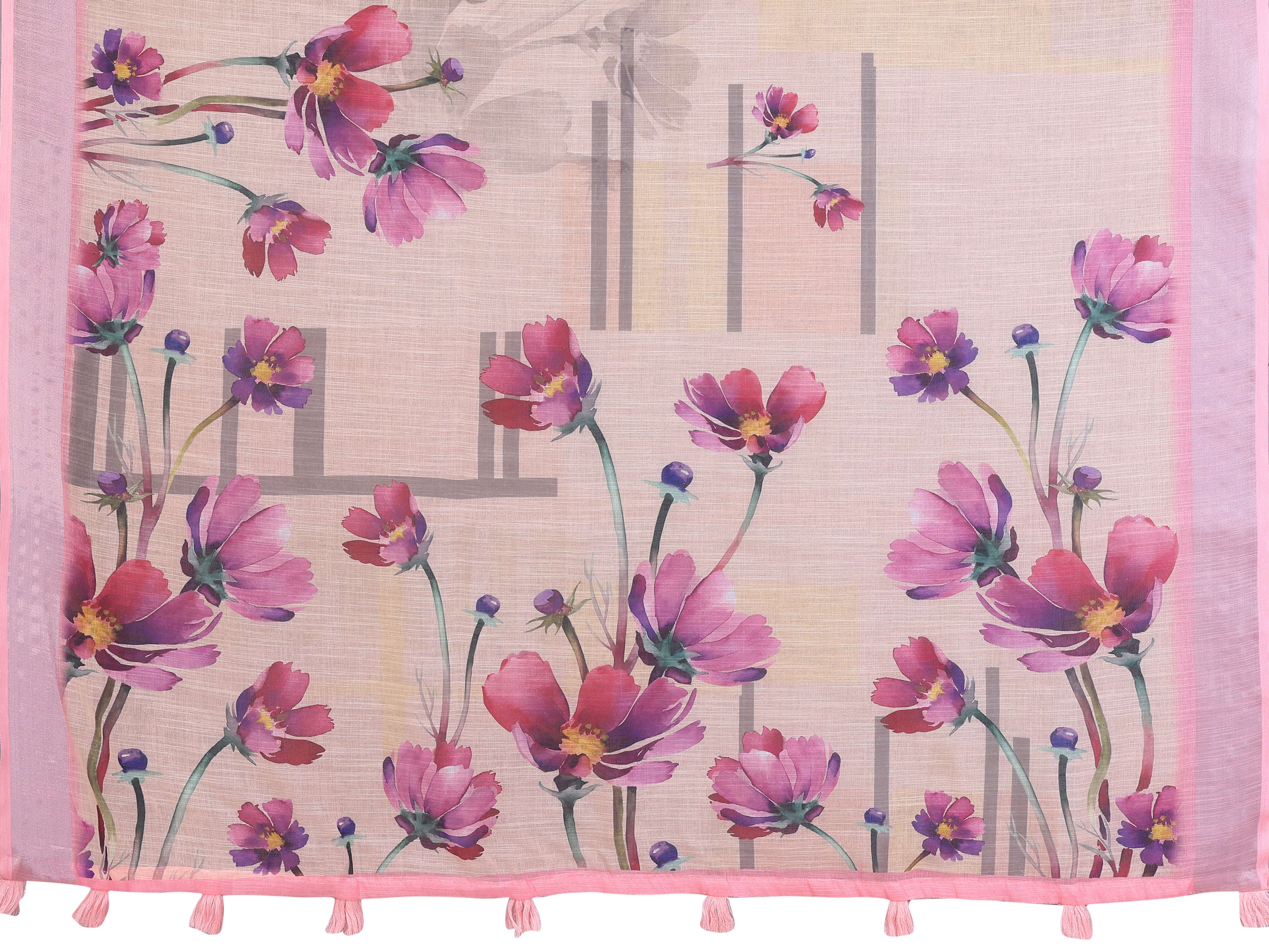 Elegant Linen Cotton Saree – Beige Blooming Floral Print with Soft Pink Border