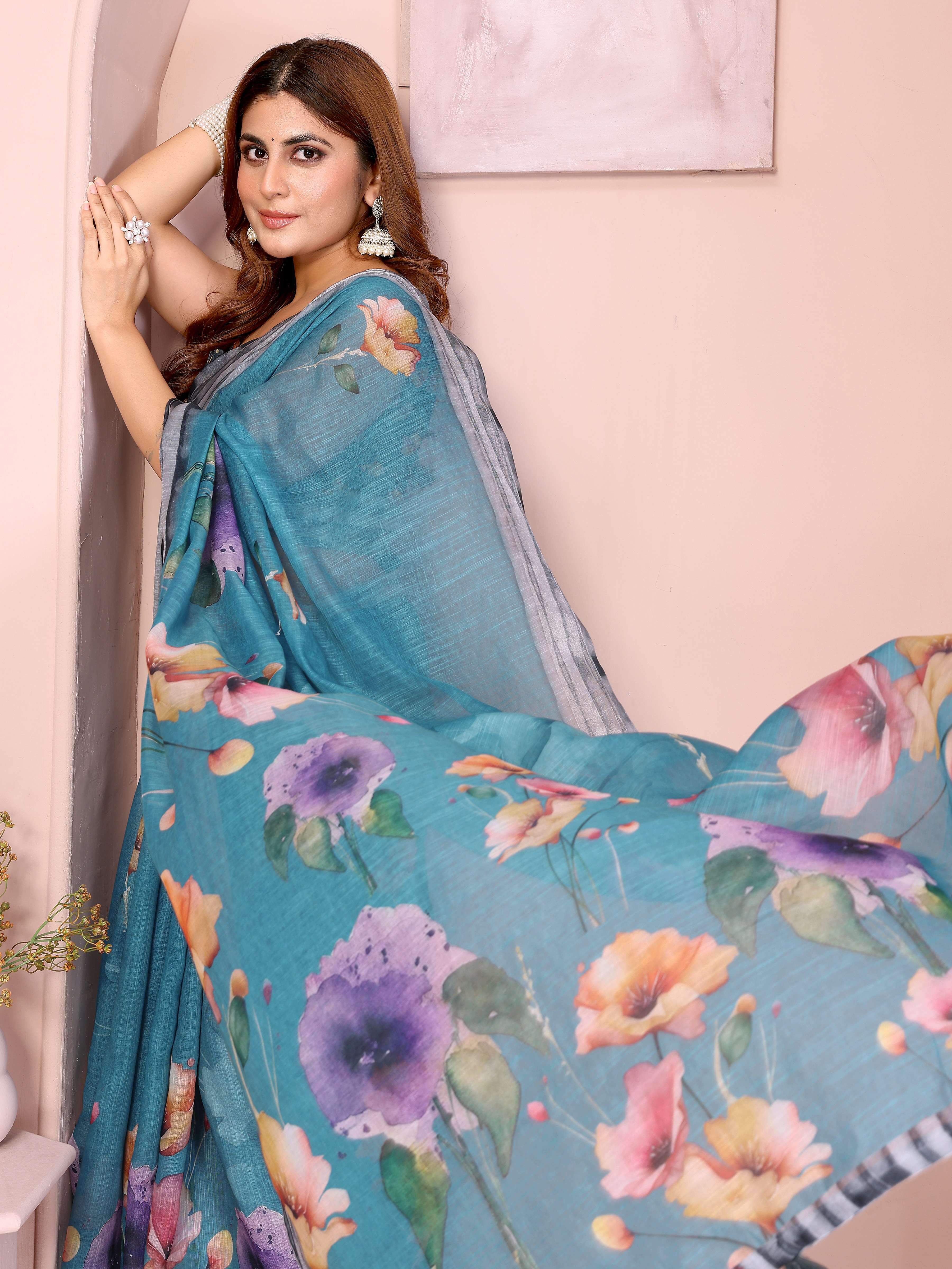Teal Linen Cotton Saree with Vibrant Multicolor Floral Prints & Tassel Pallu