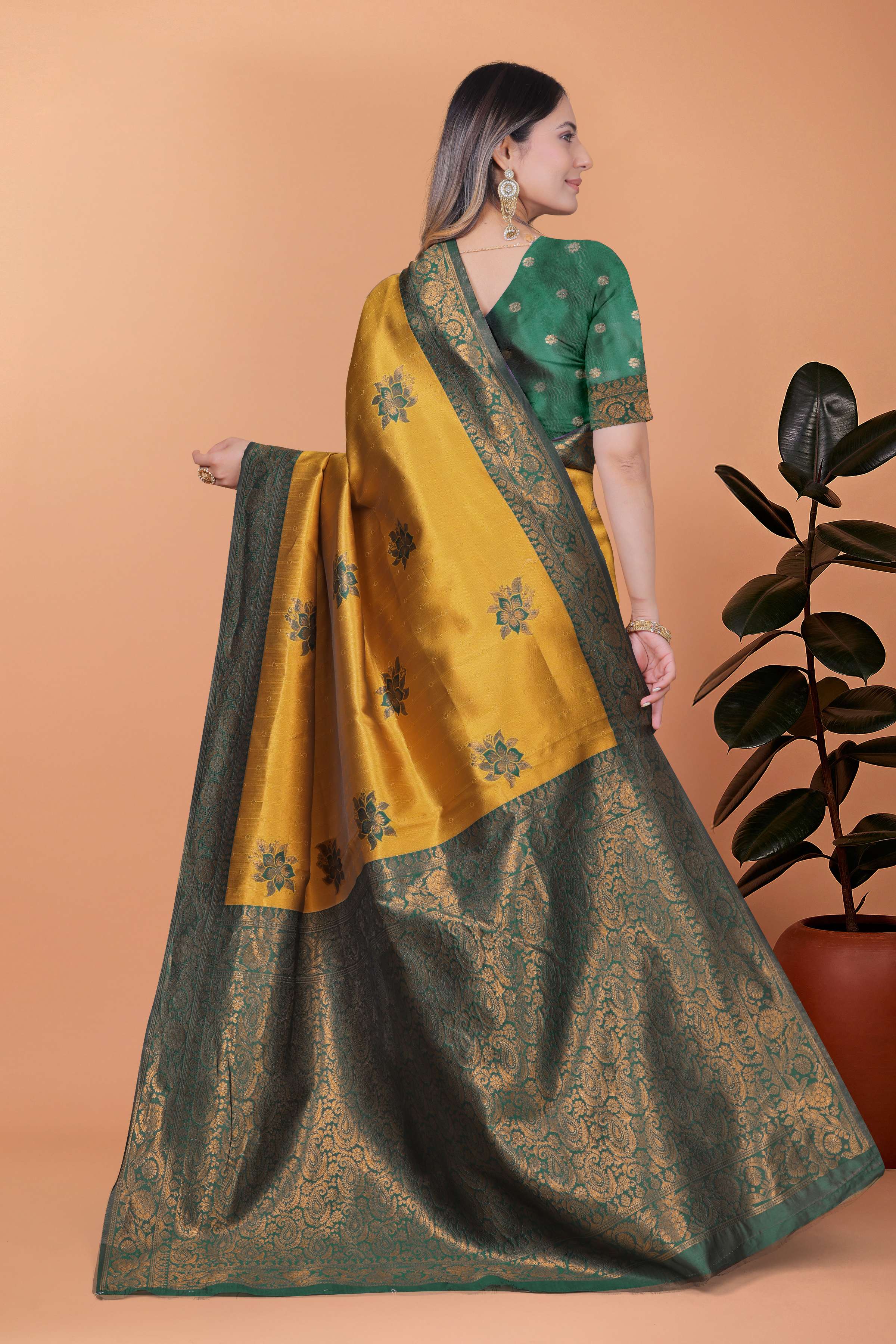 Golden Mustard Banarasi Silk Saree with Bottle Green Floral Accents & Blouse | Wedding, Haldi, Festive & Party Wear