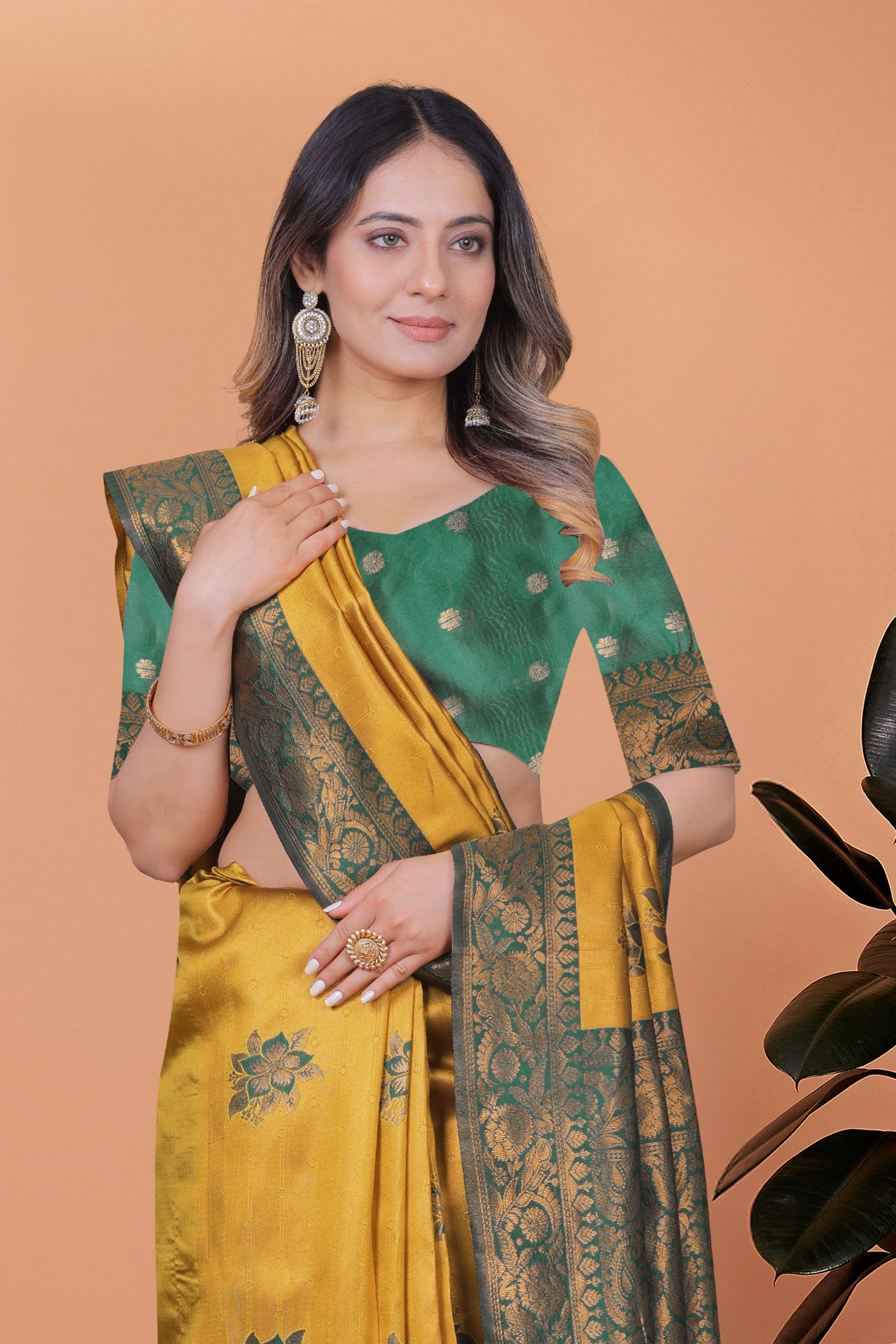 Golden Mustard Banarasi Silk Saree with Bottle Green Floral Accents & Blouse | Wedding, Haldi, Festive & Party Wear