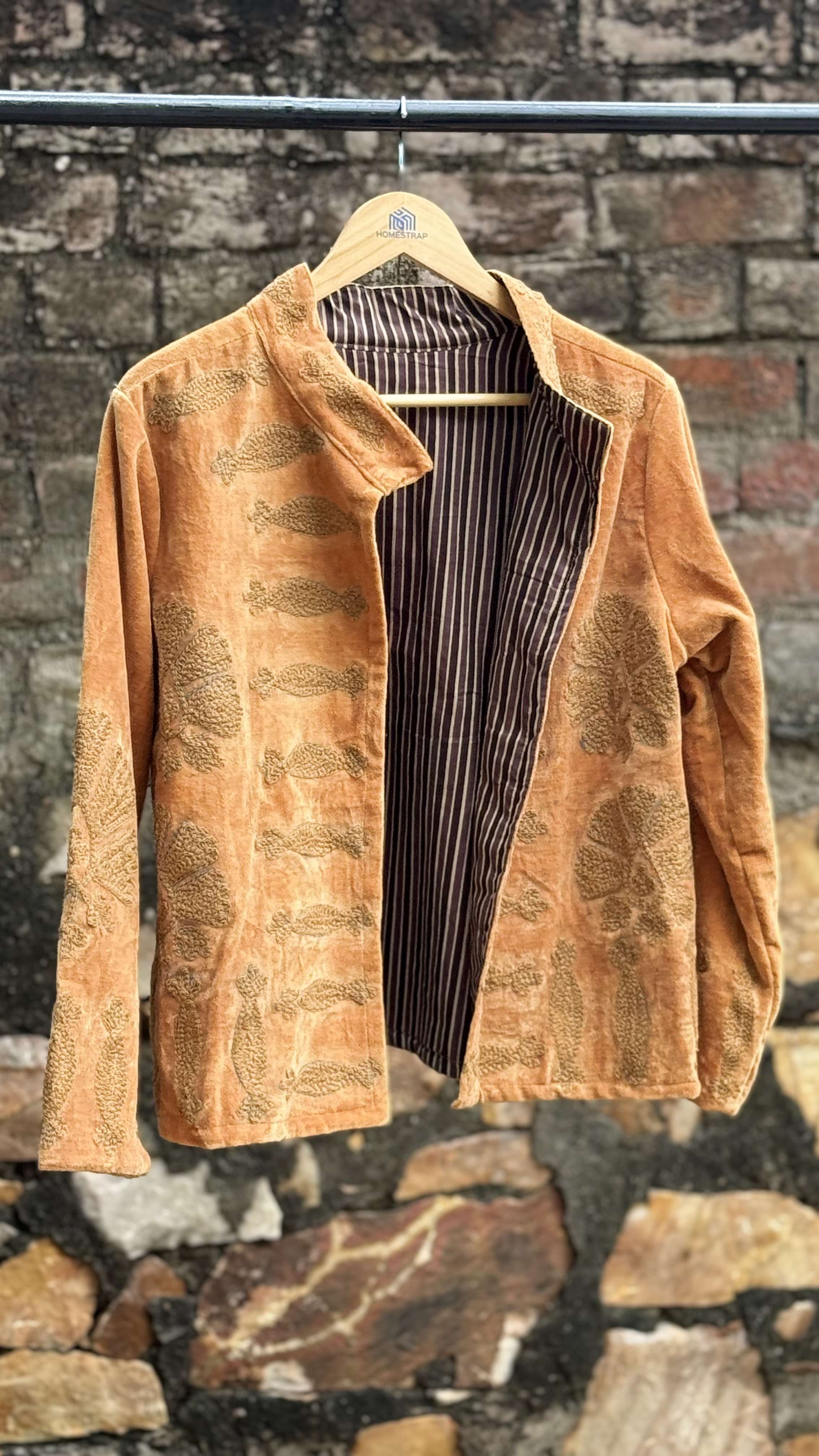 Womens Gold Velvet Embroidered Jacket with Floral Design