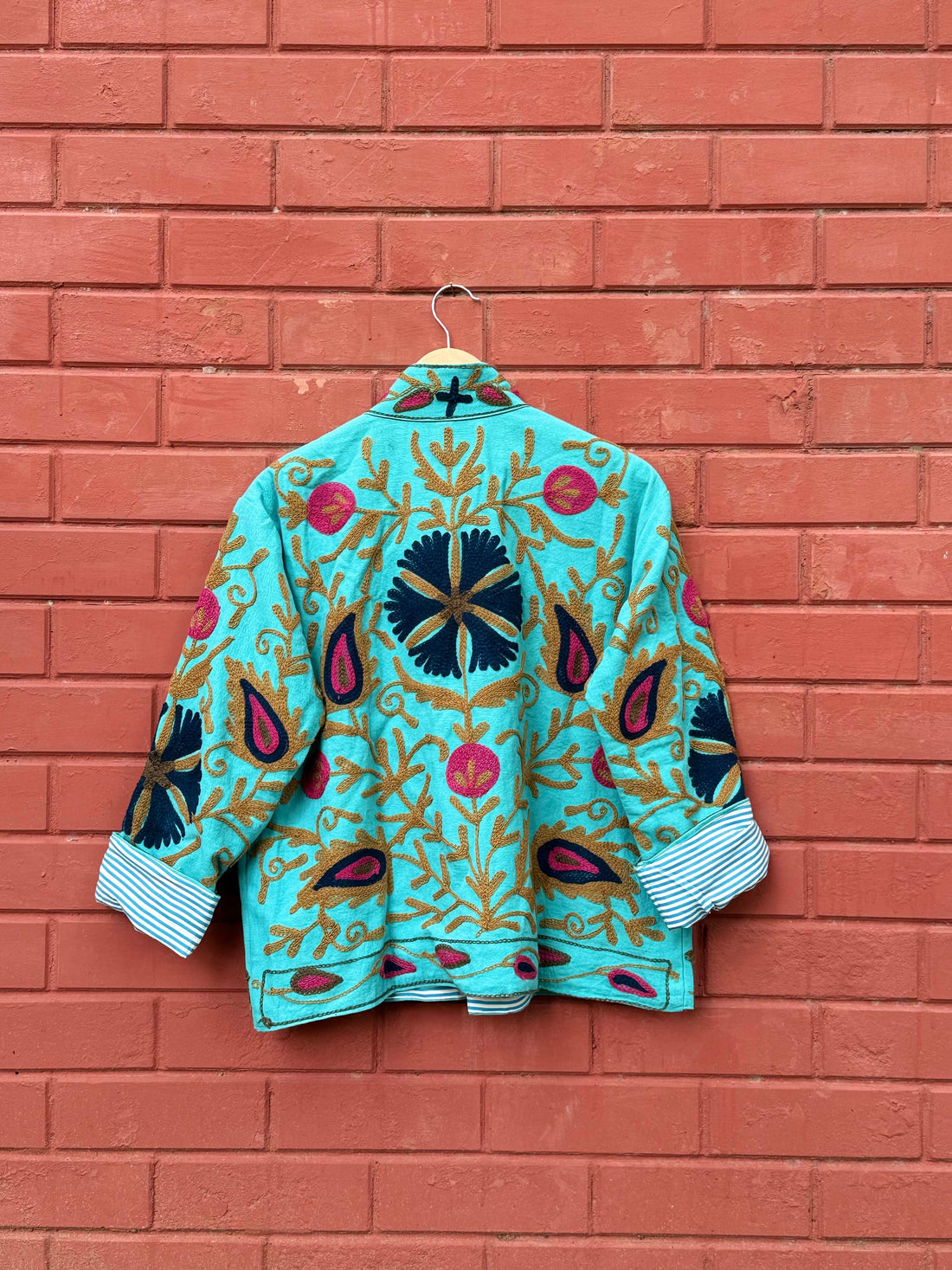 Womens Teal Blue Velvet Embroidered Jacket with Floral Design