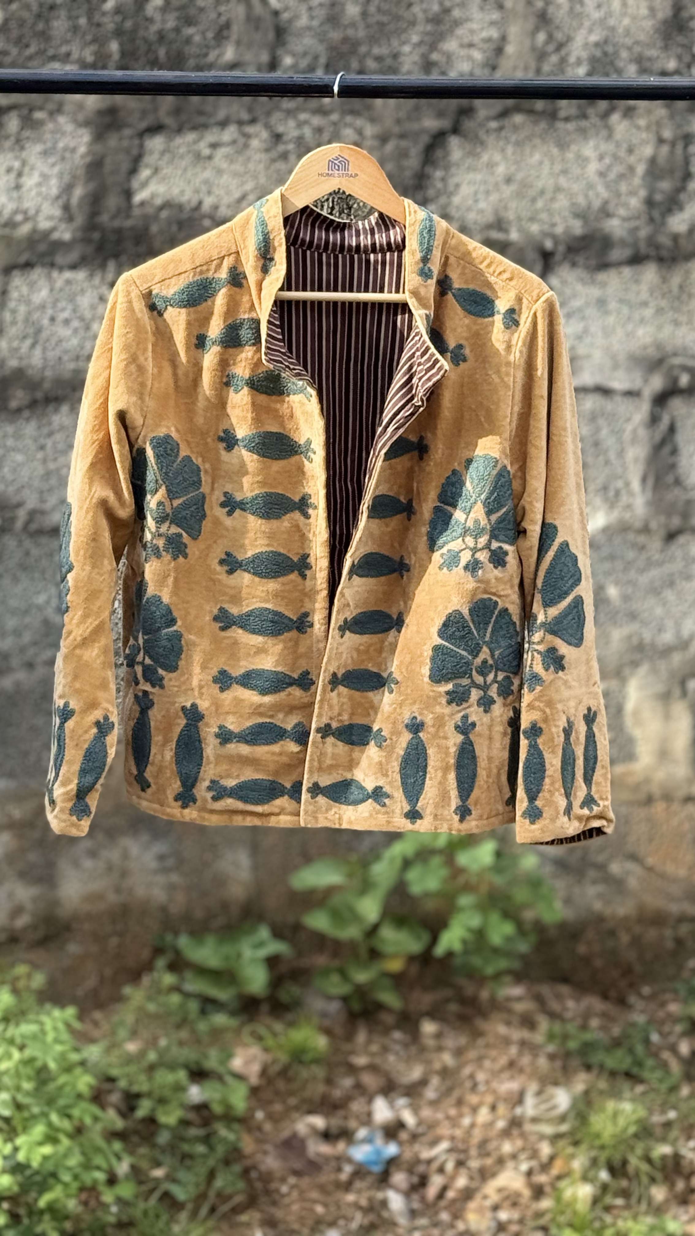 Womens Orange Velvet Embroidered Jacket with Floral Design