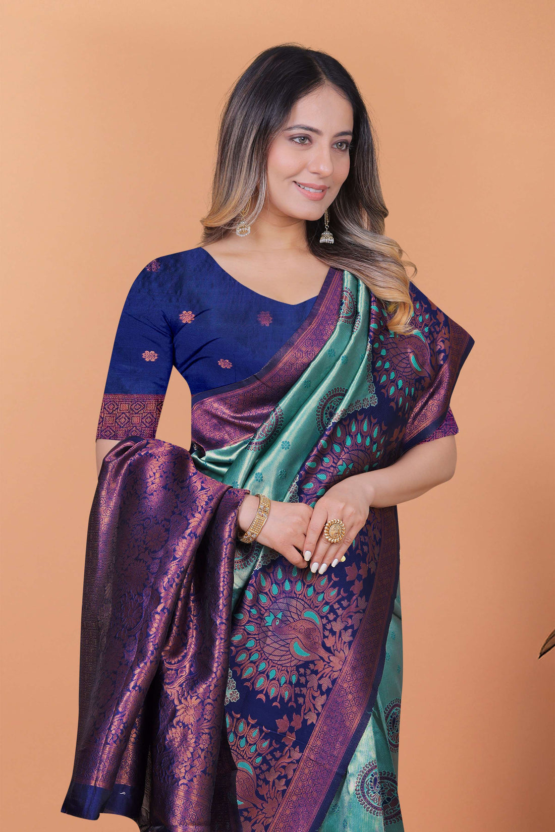 Peacock Aura Banarasi Silk Saree – Teal Green & Royal Purple with Zari Pallu