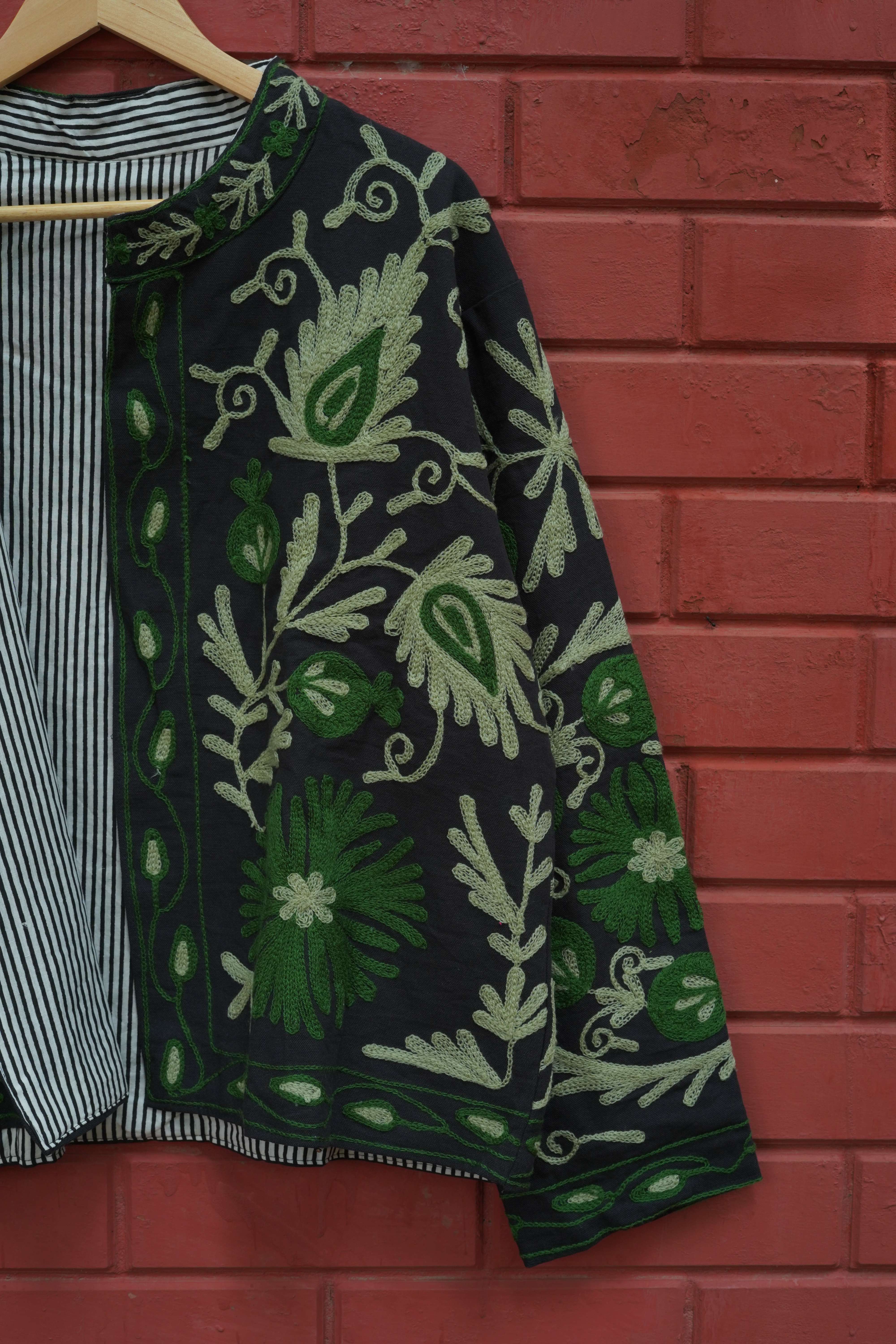 Womens Black Velvet Embroidered Jacket with Floral Design