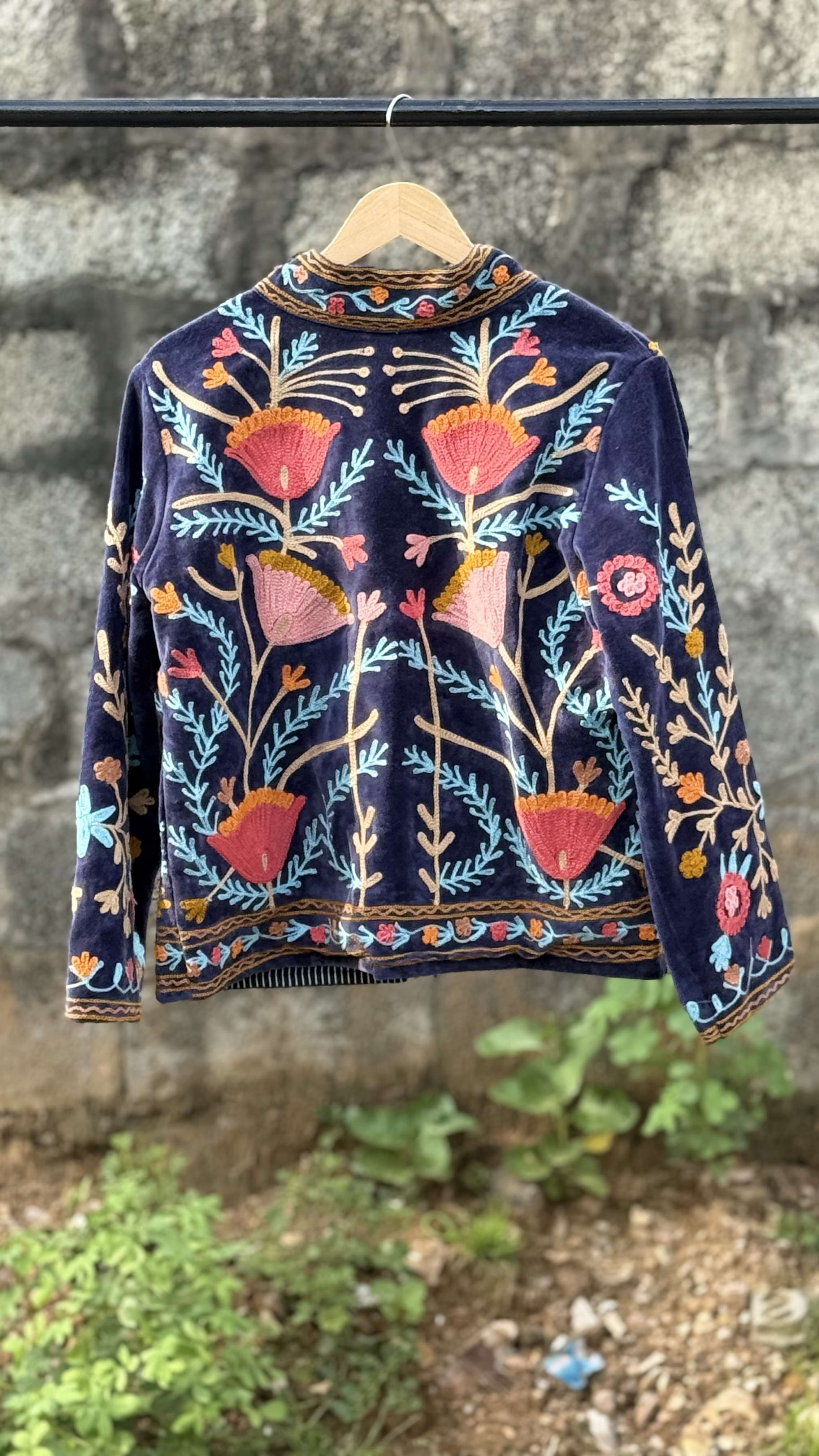Womens Navy Blue Velvet Embroidered Jacket with Floral Design