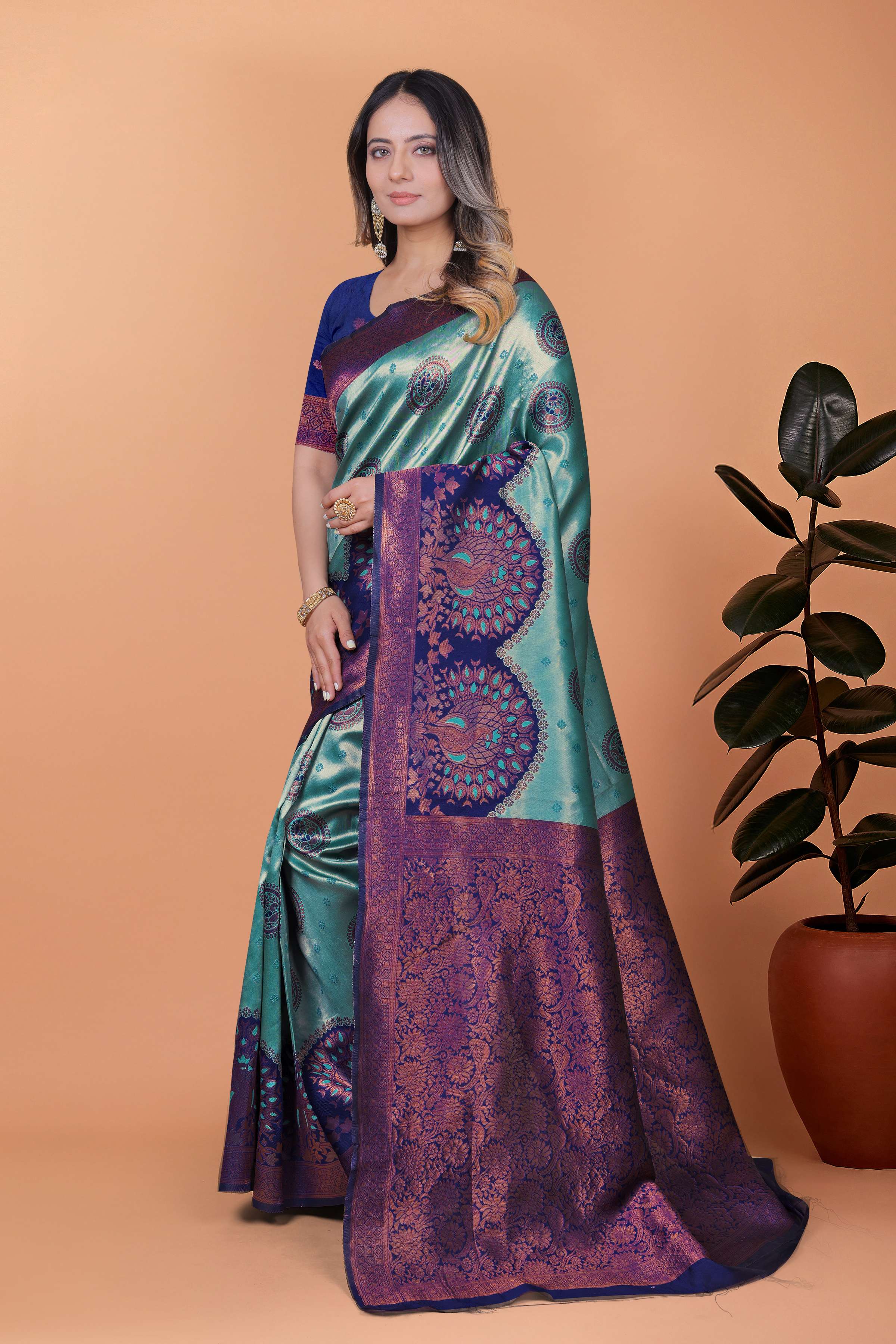 Peacock Aura Banarasi Silk Saree – Teal Green & Royal Purple with Zari Pallu