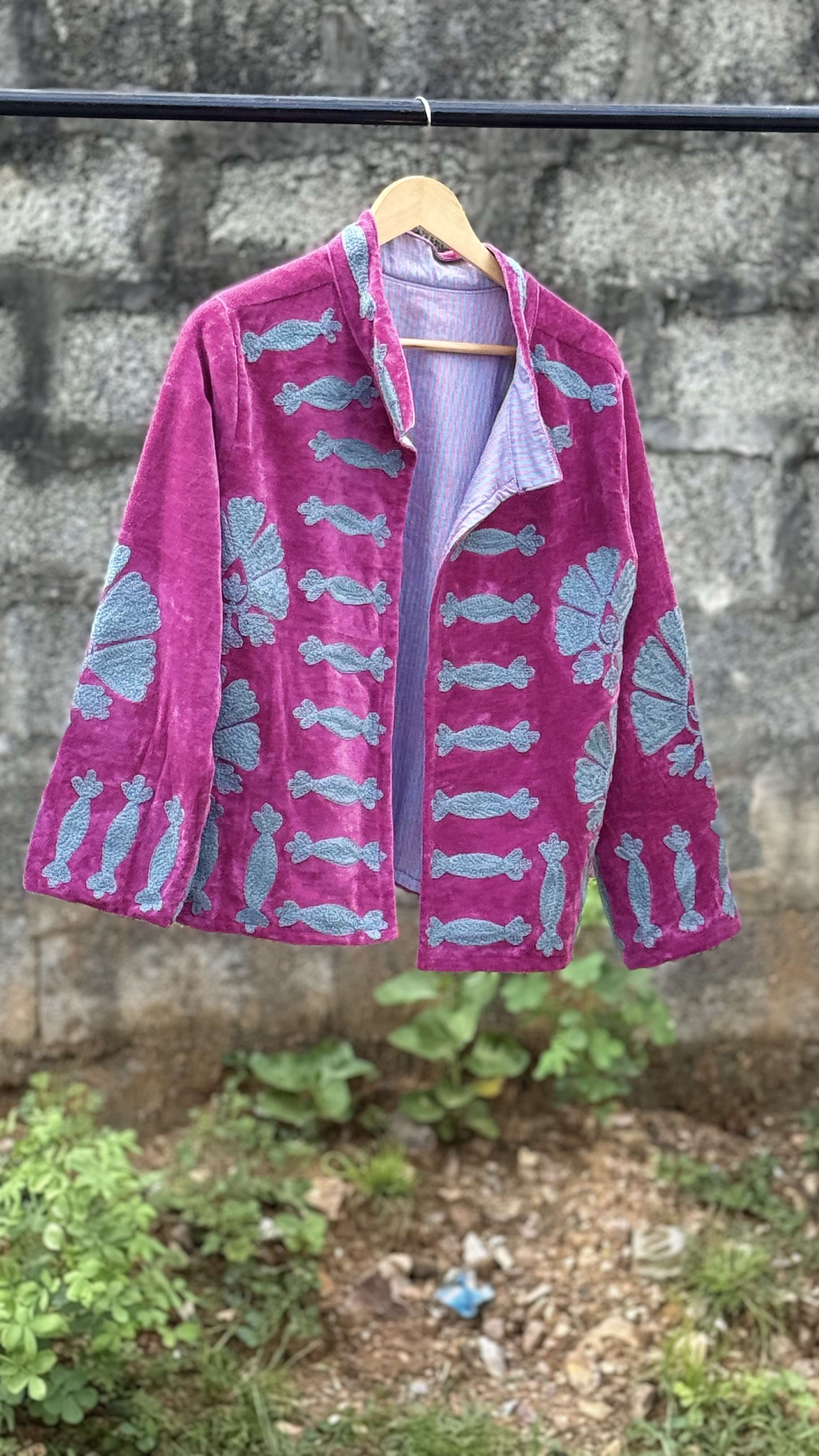 Womens Pink Velvet Embroidered Jacket with Floral Design