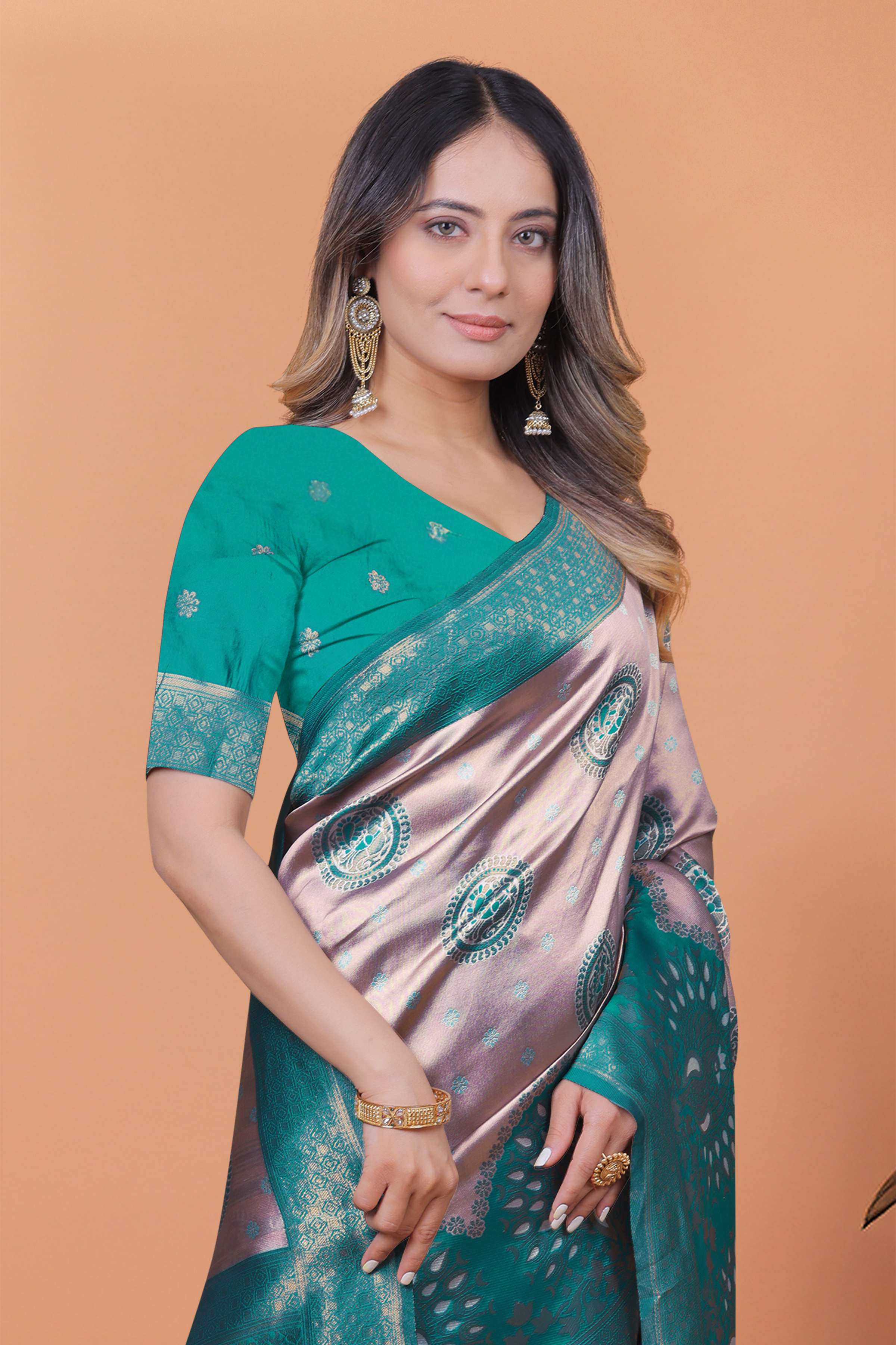 Emerald Elegance Banarasi Silk Saree with Lavender Base, Green Zari Border & Peacock Motifs | Wedding, Festive & Traditional Wear