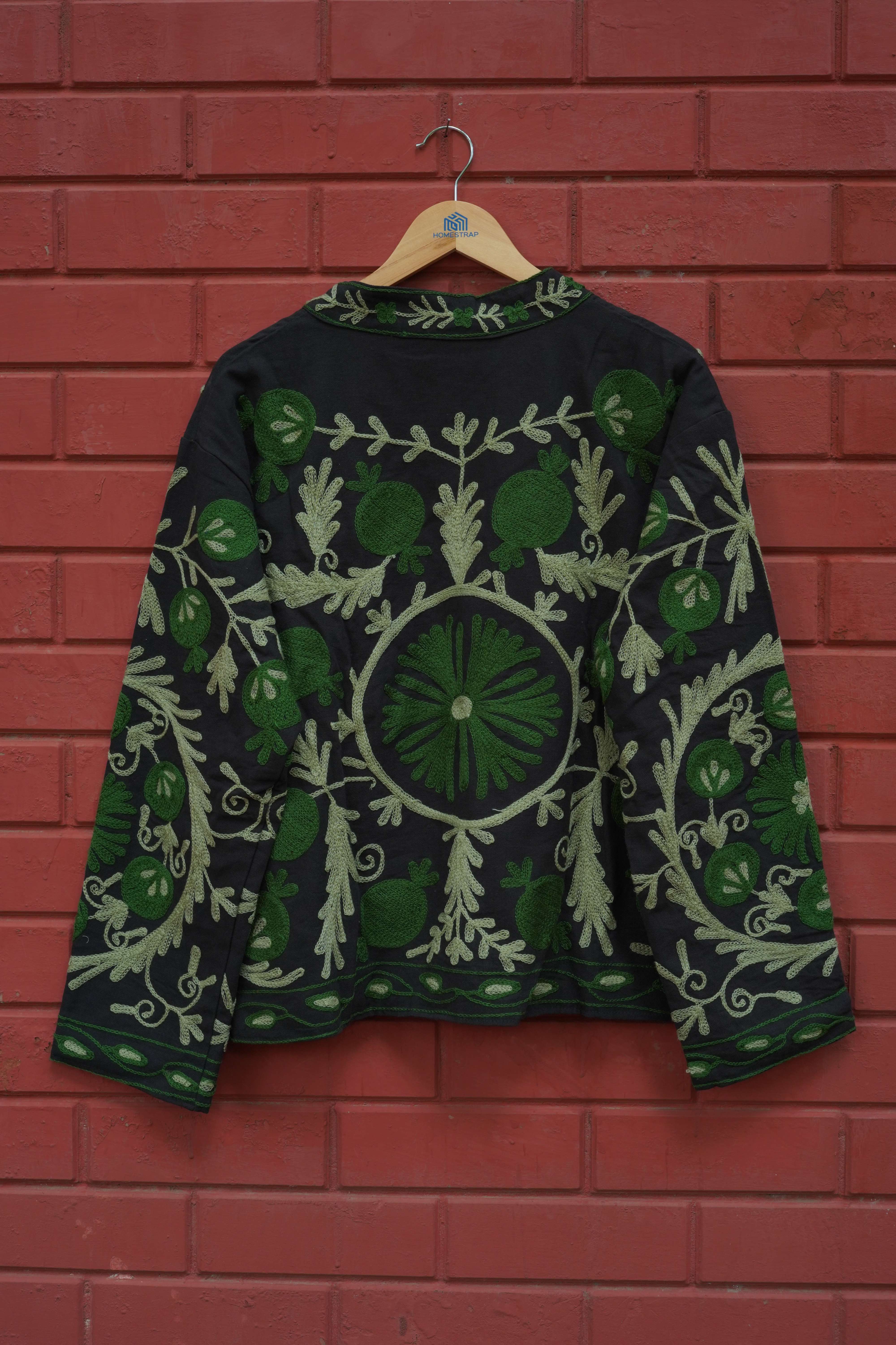 Womens Black Velvet Embroidered Jacket with Floral Design