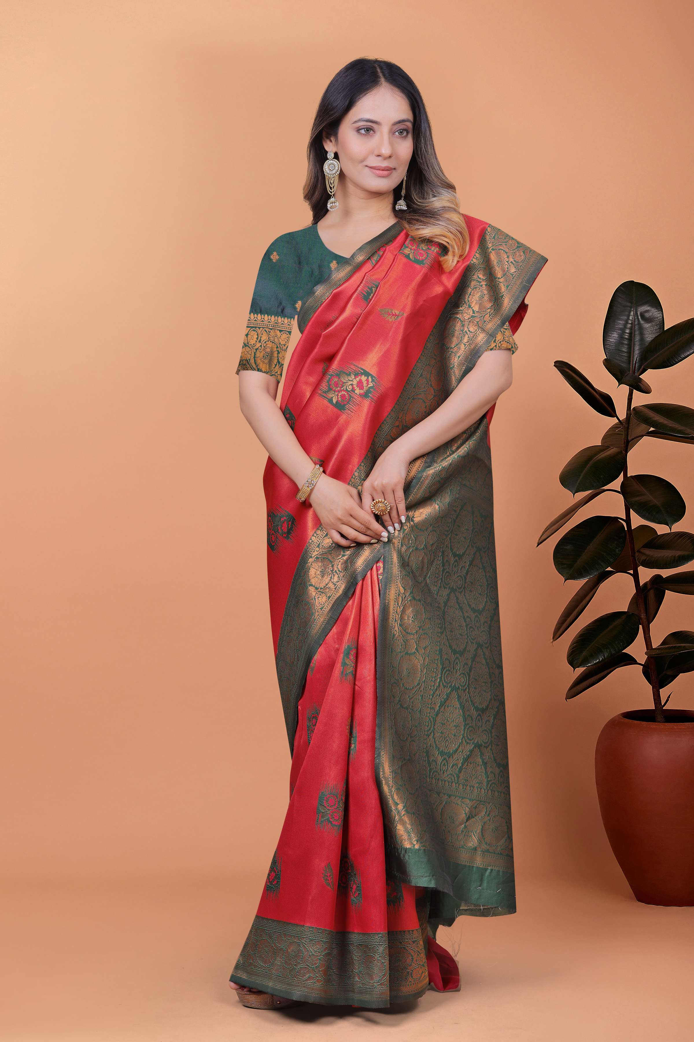 Red & Bottle Green Banarasi Silk Saree with Antique Gold Zari | Traditional Wedding & Festive Saree with Rich Pallu