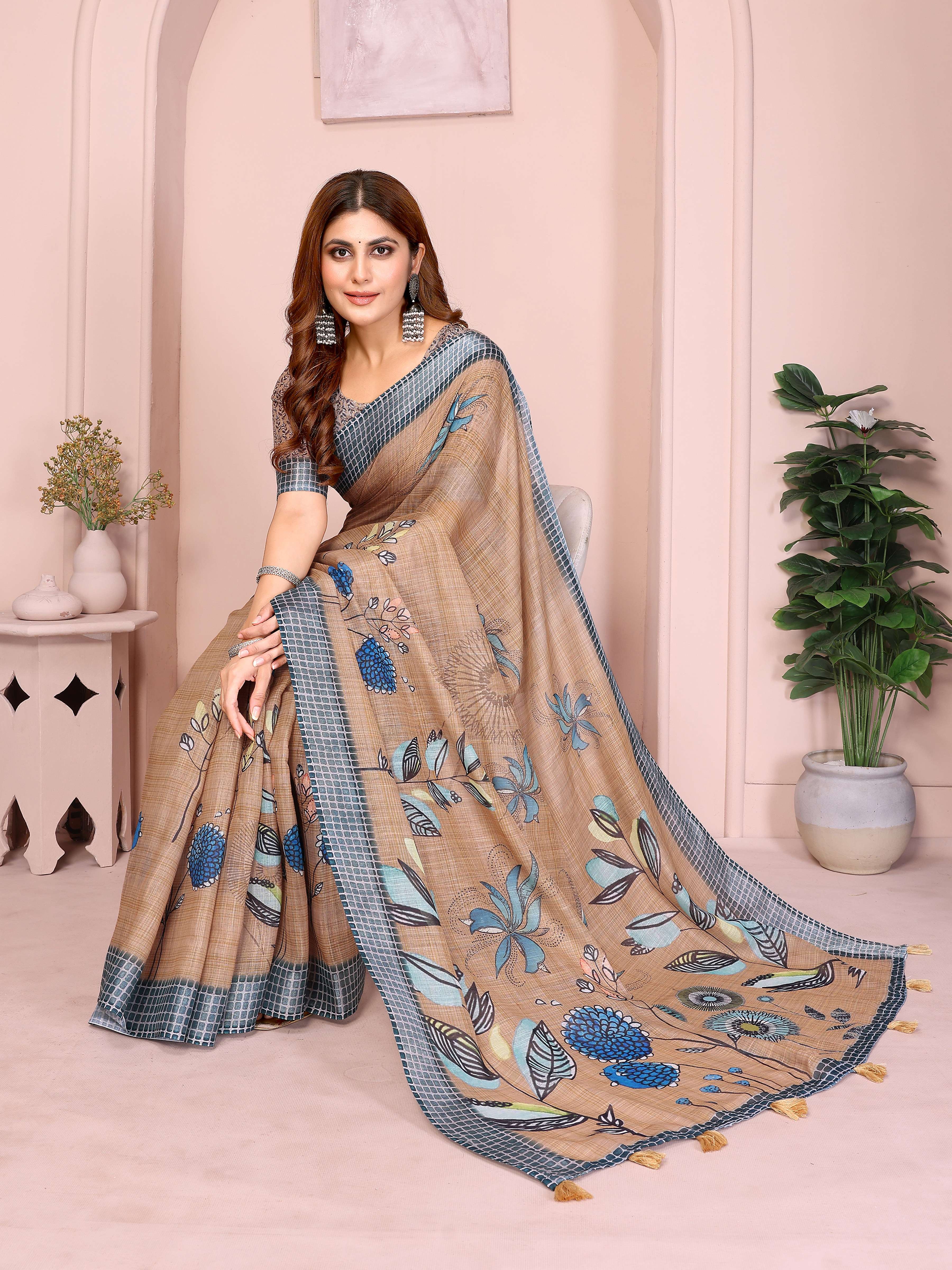 Elegant Linen Cotton Saree – Beige Base with Blue Floral Accents & Checkered Border