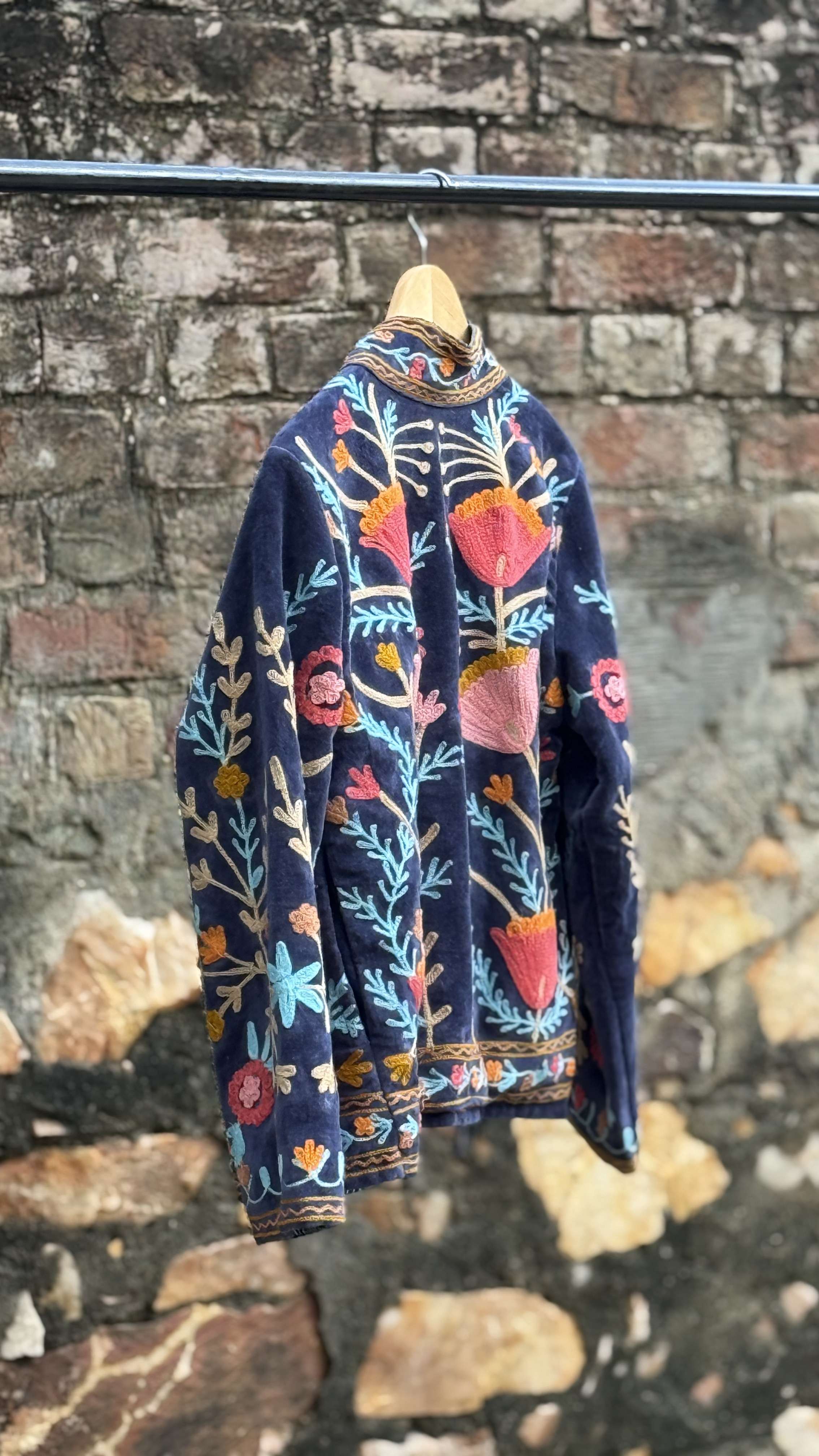 Womens Navy Blue Velvet Embroidered Jacket with Floral Design