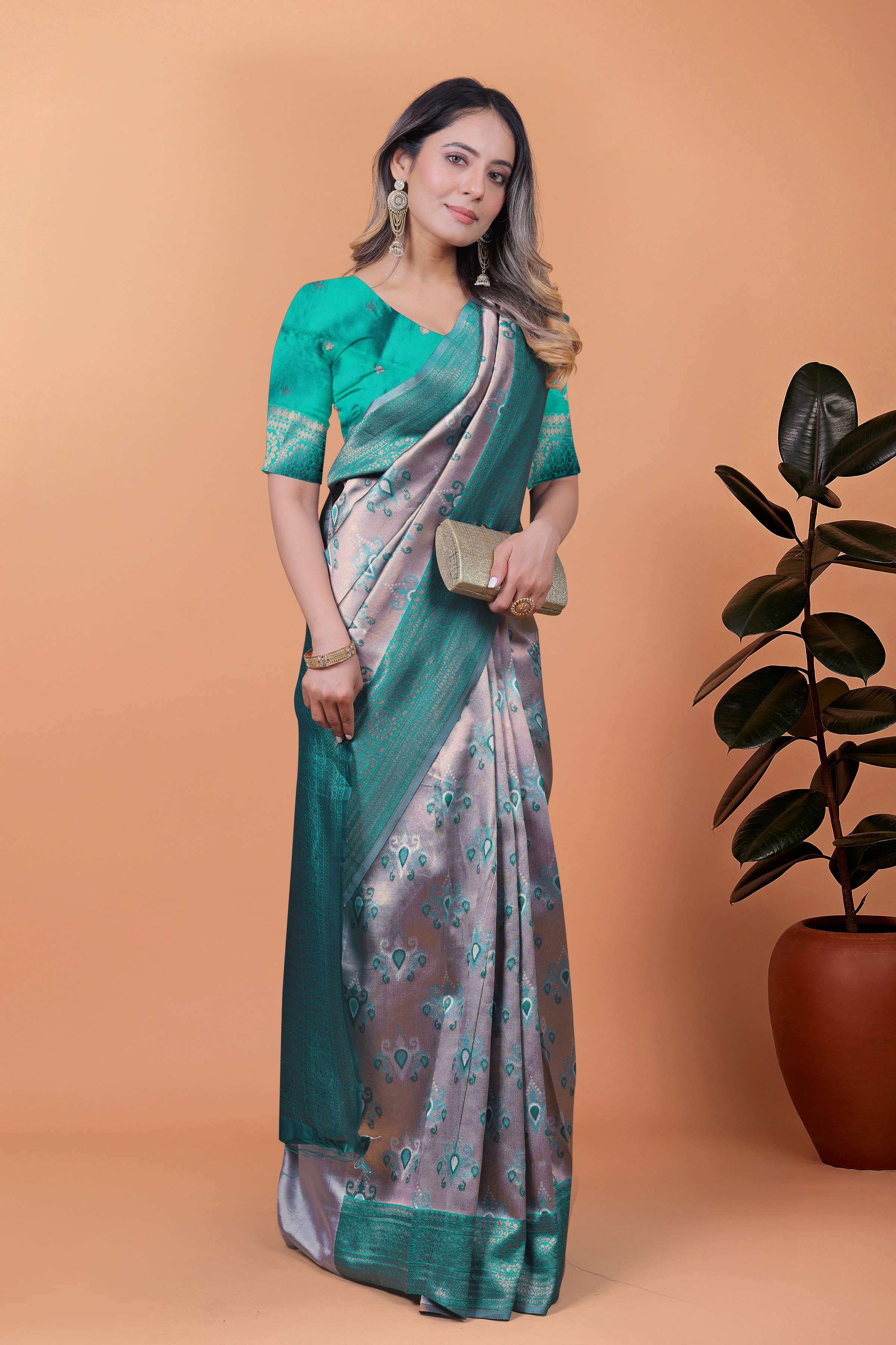 Mint Royale Banarasi Silk Saree in Silvery Grey & Mint Green with Floral Zari Work | Wedding, Day Functions & Festive Wear