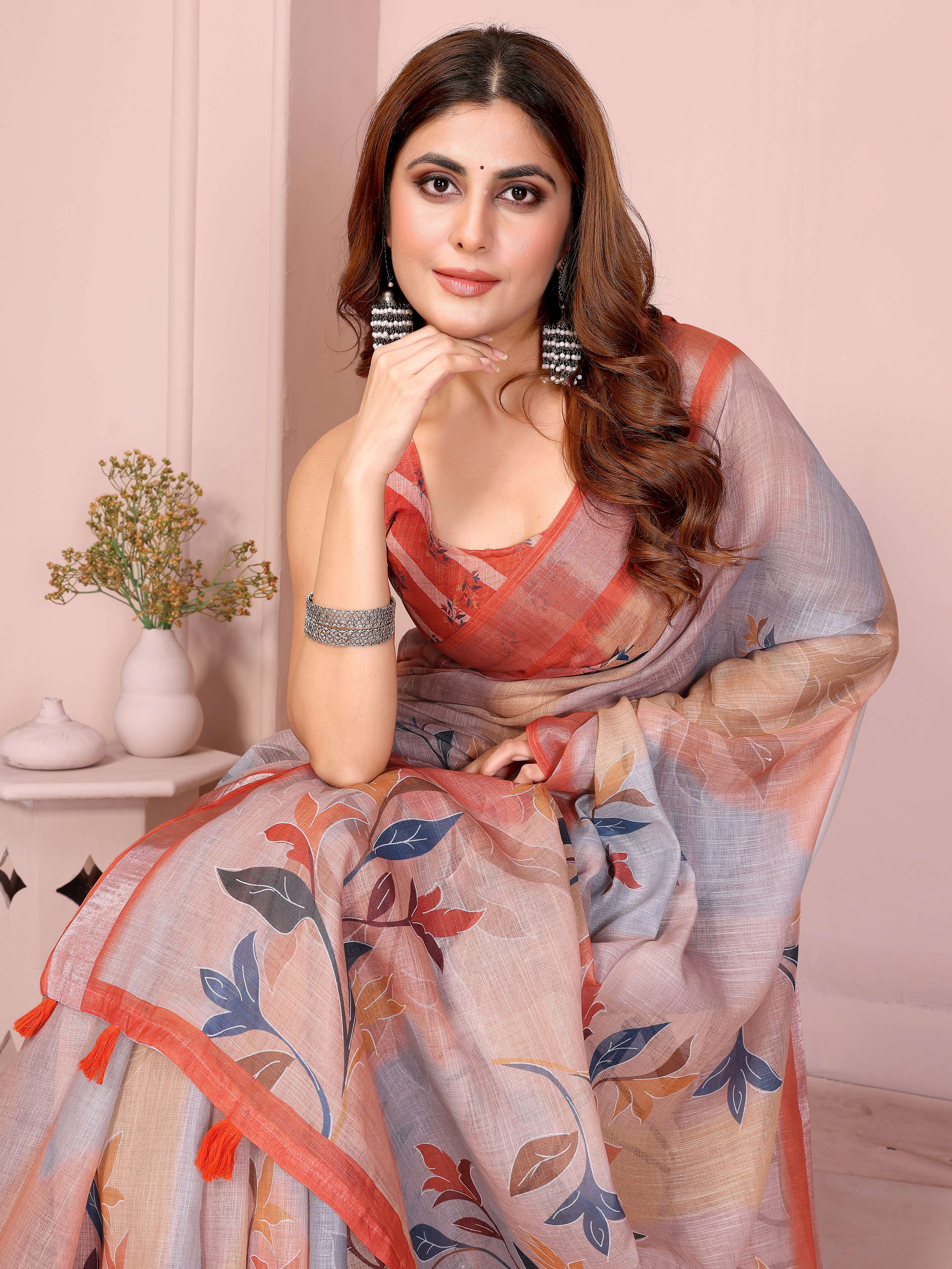 Elegant Linen Cotton Saree – Pastel Grey with Coral Leaf Motifs & Tassel Border