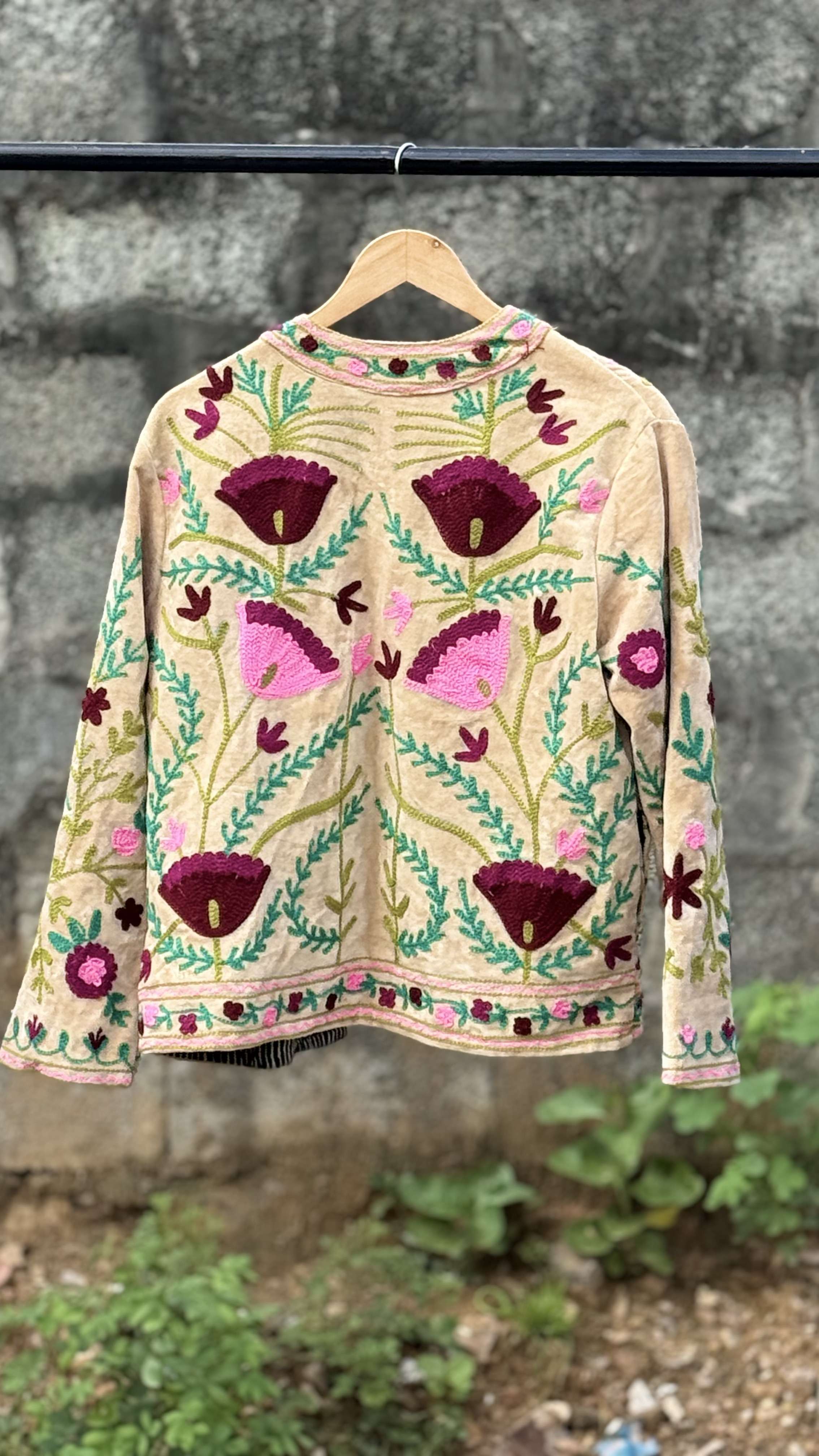 Womens Light Beige Velvet Embroidered Jacket with Floral Design