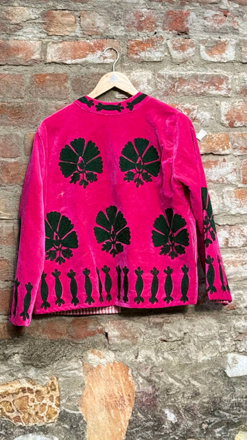 Womens Pink Velvet Embroidered Jacket with Floral Design